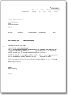 Reklamation wegen einer Falschlieferung Word