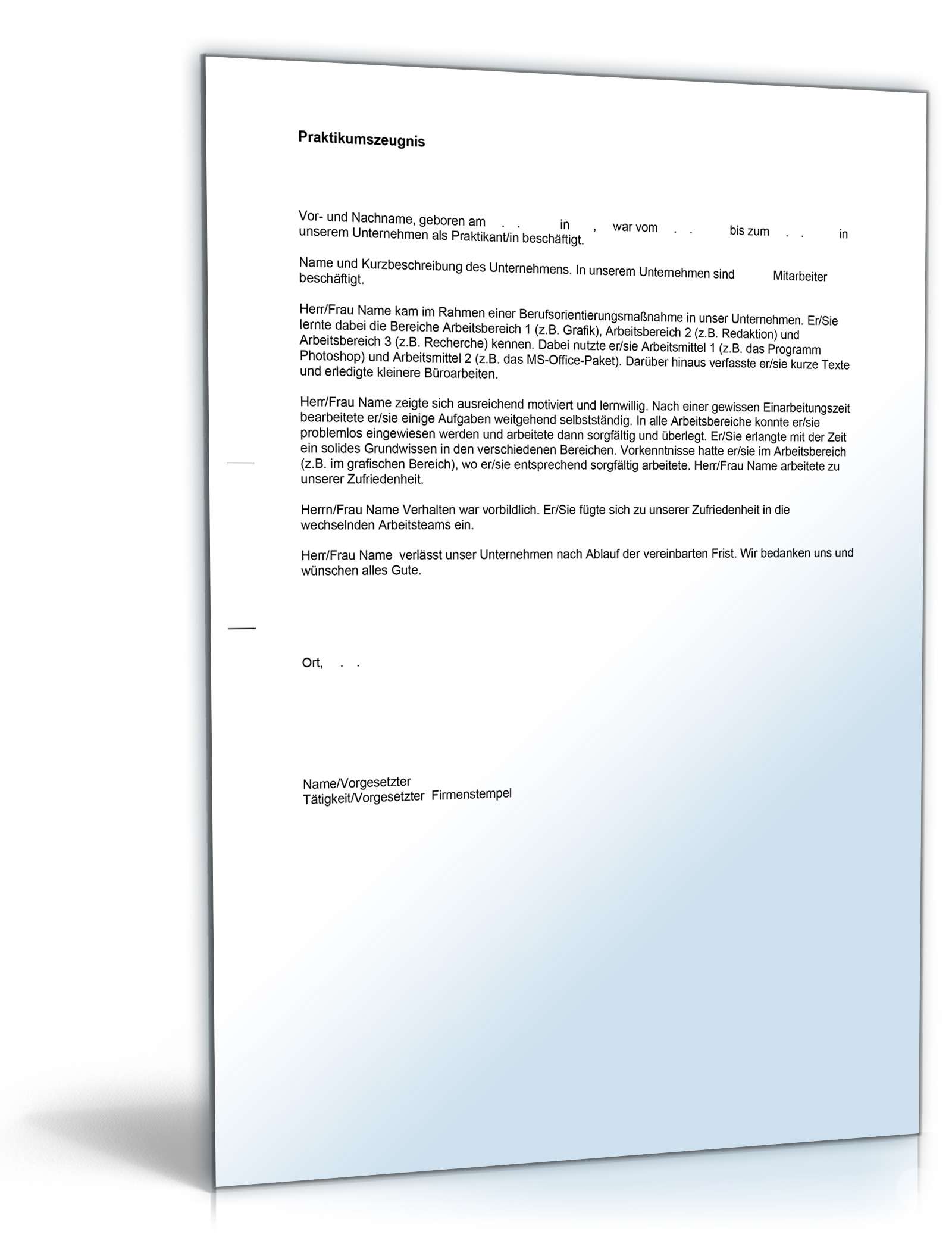 Praktikumszeugnis Allgemein Note Vier Word