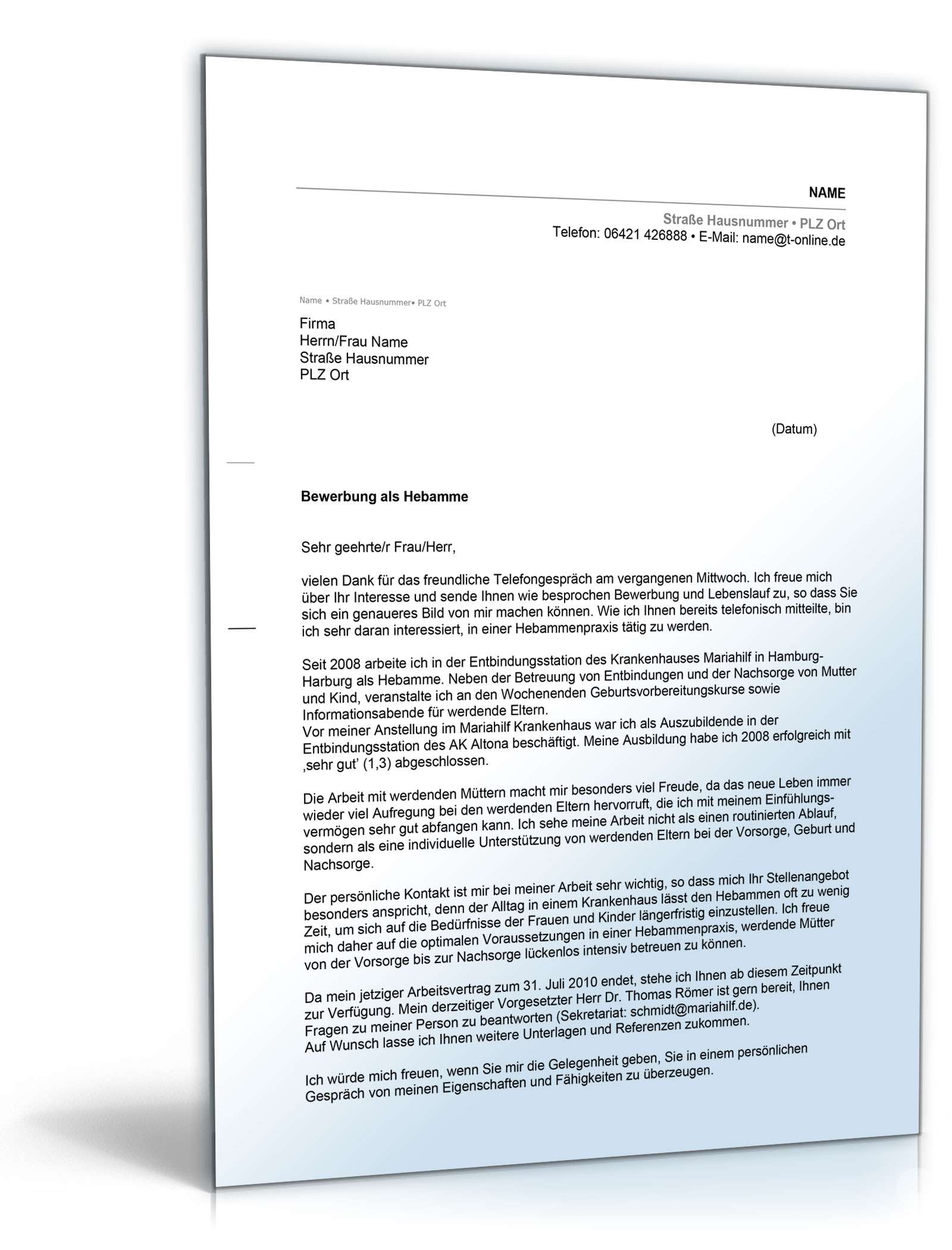 Anschreiben Bewerbung Hebamme Excel