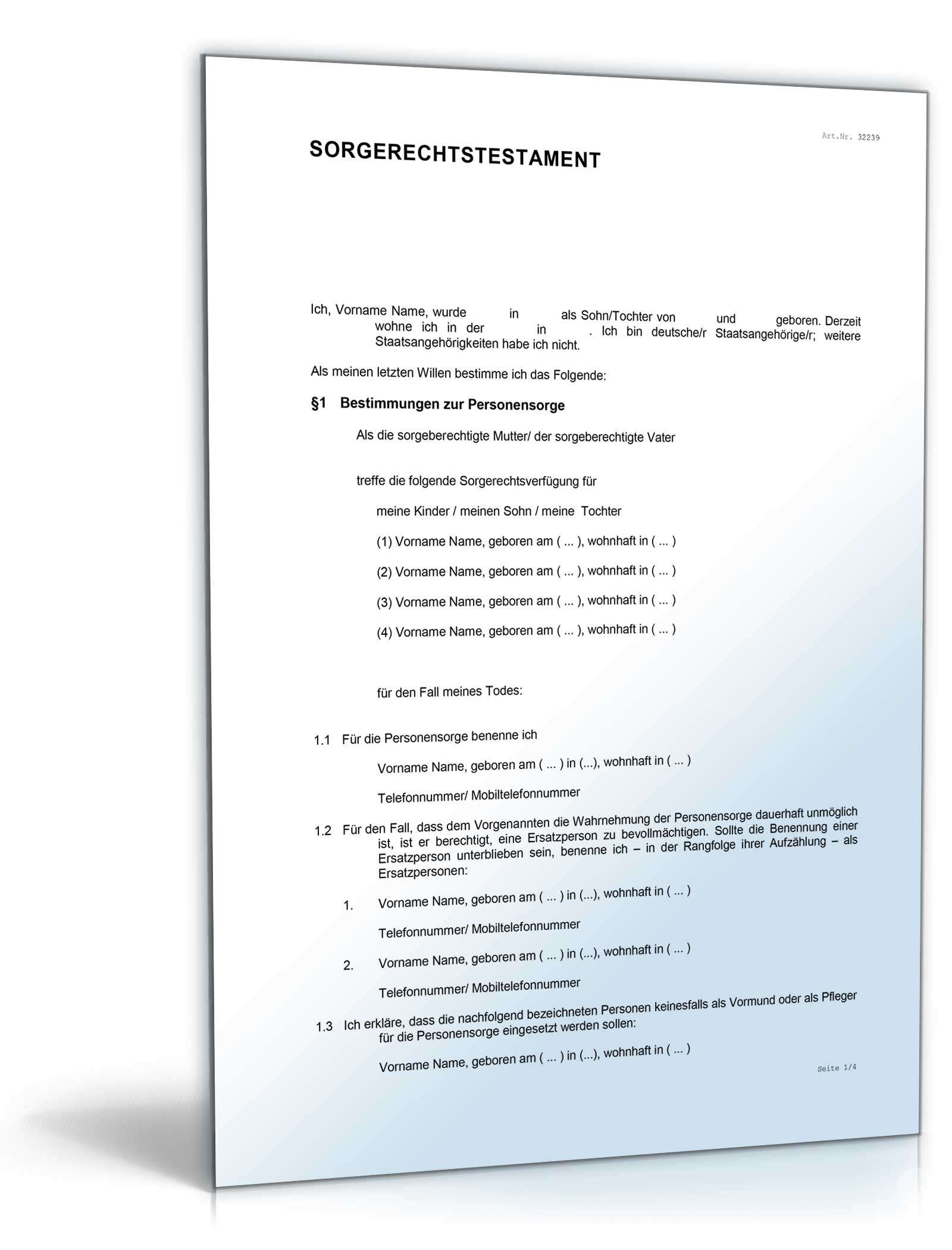 Sorgerechtstestament Alleinerziehende Word