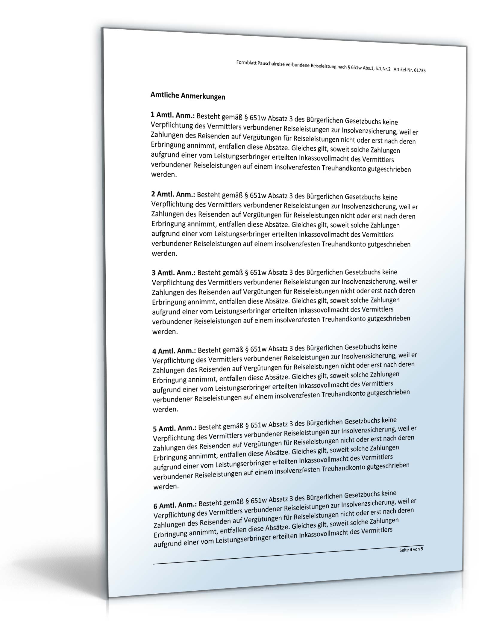 Formblatt Vermittlung verbundene Reiseleistungen § 651w Absatz 1 Satz 1 Nummer 2 BGB Word. Seite: 3