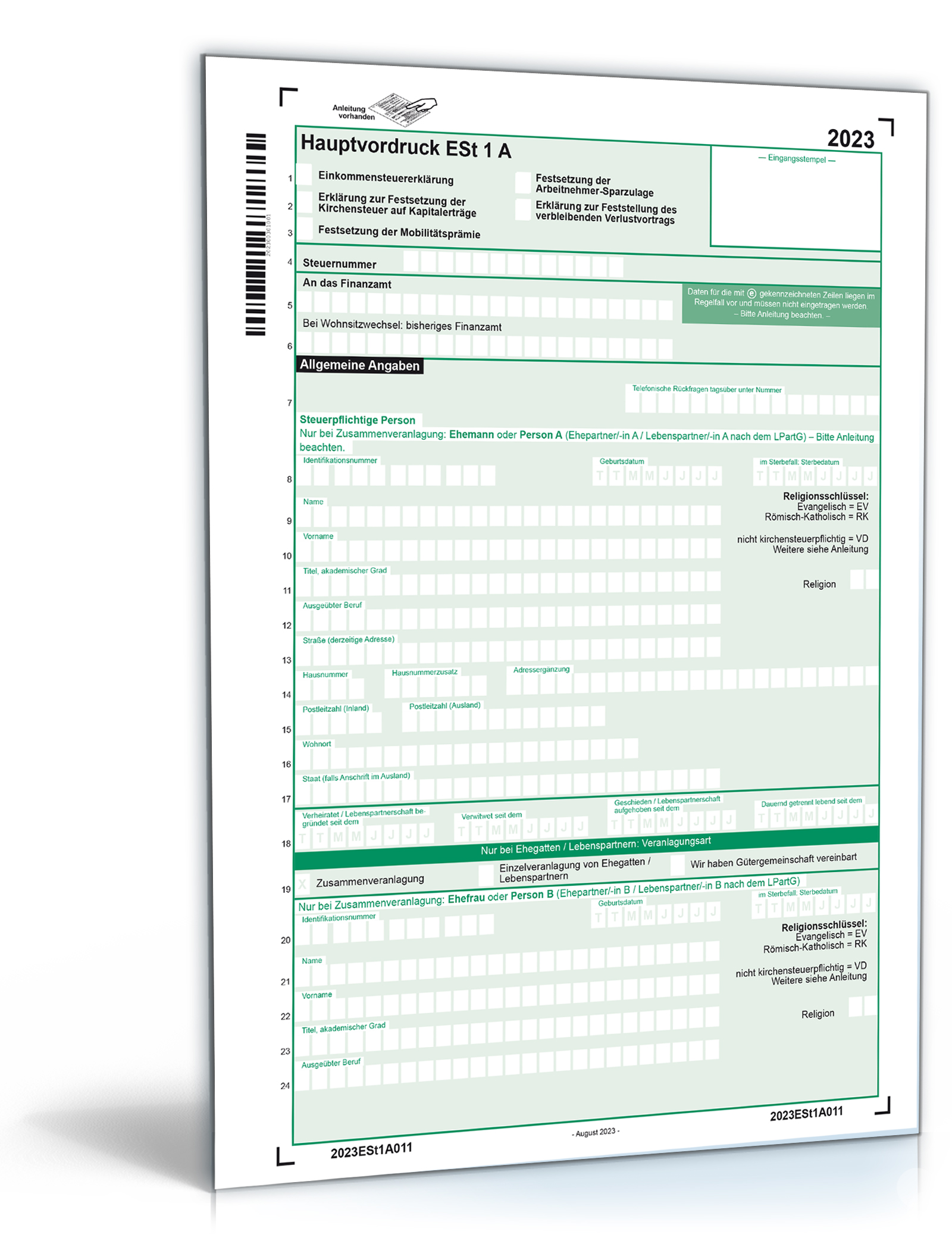 Mantelbogen Einkommensteuererklärung 2023 PDF