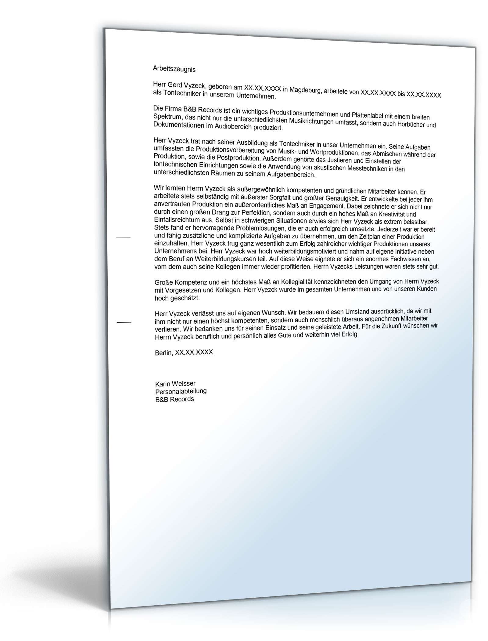 Arbeitszeugnis Tontechniker Excel. Seite: 3