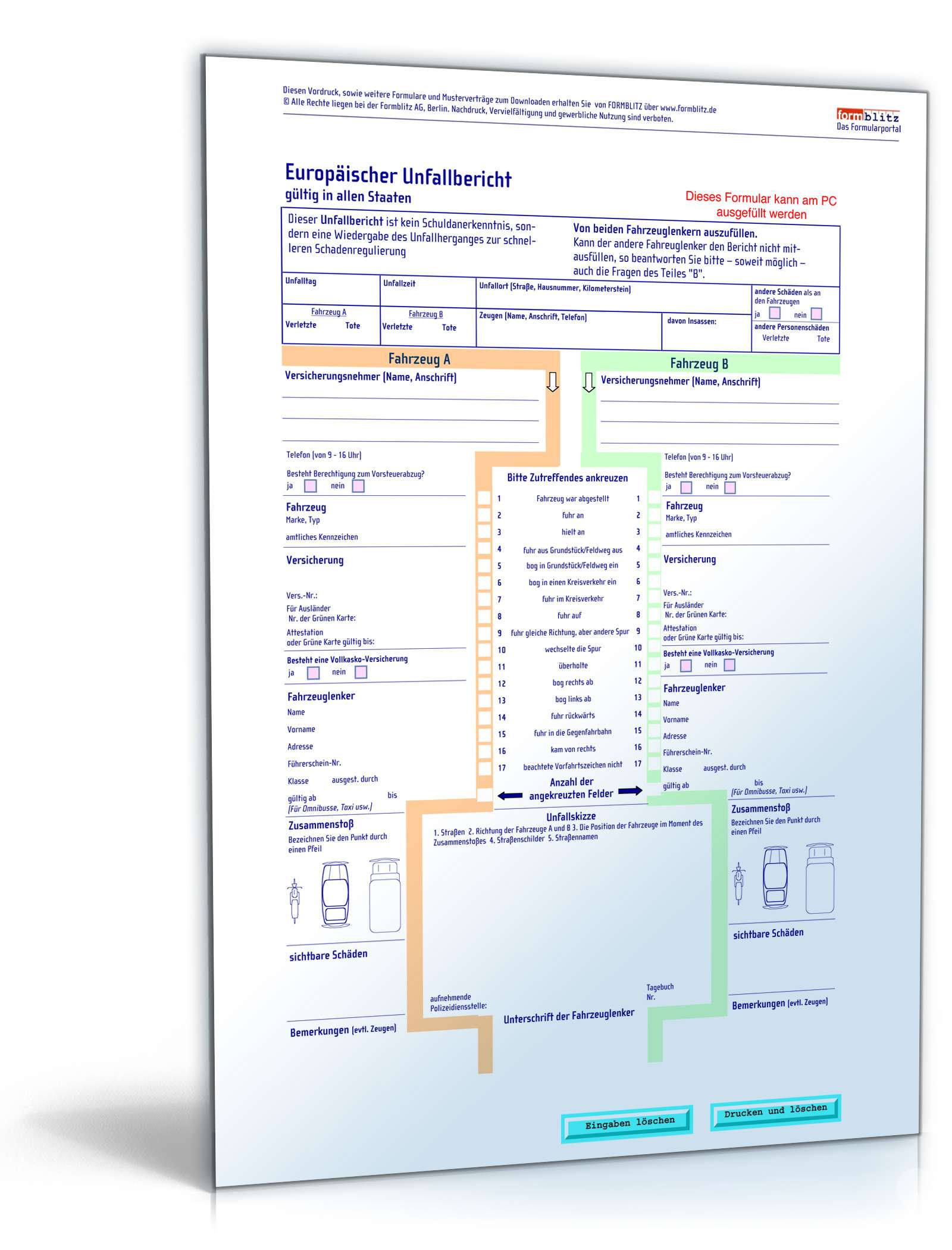 Europäischer Unfallbericht plus Versicherungsmeldung PDF. Seite: 3