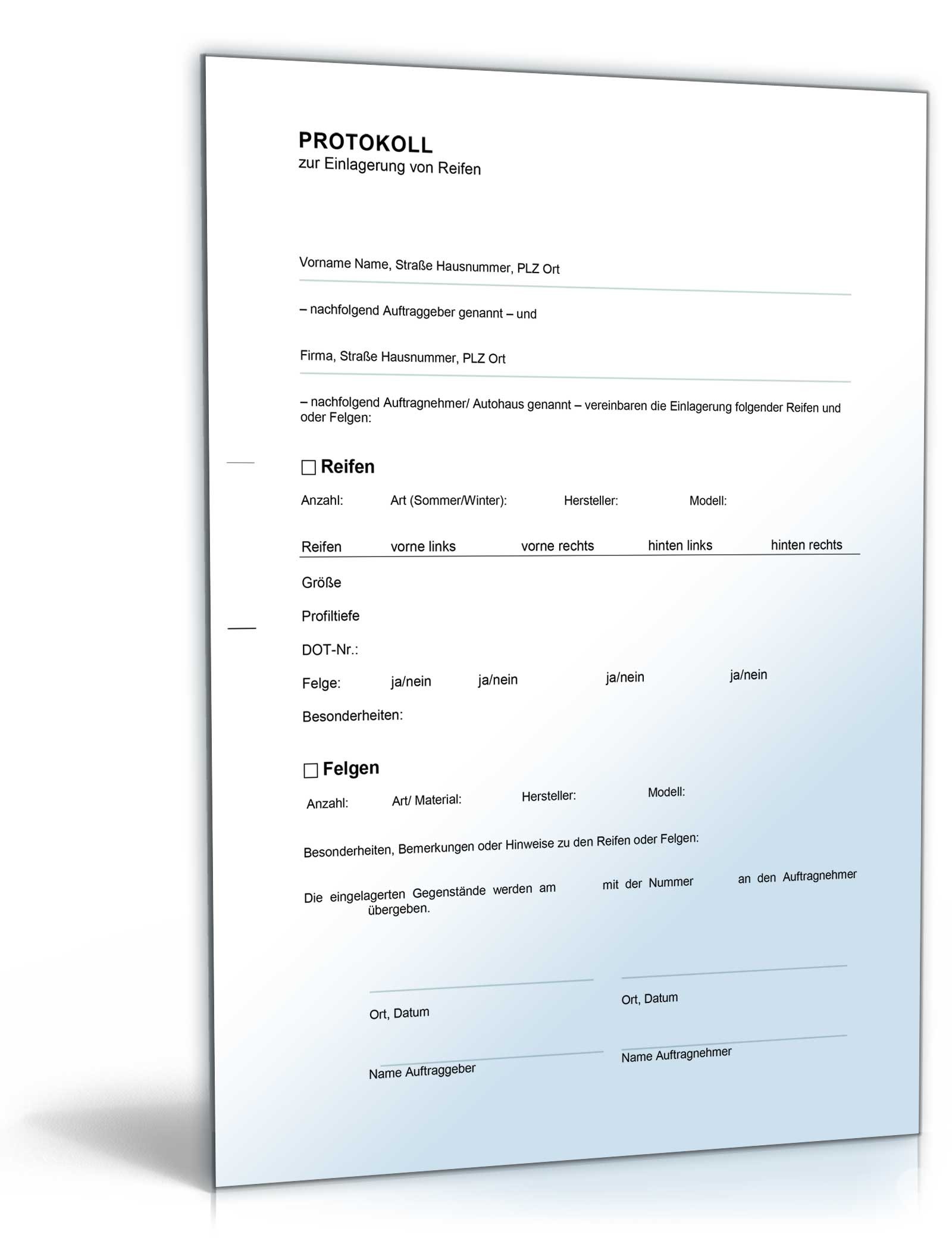 Protokoll Einlagerung Reifen Word. Seite: 2