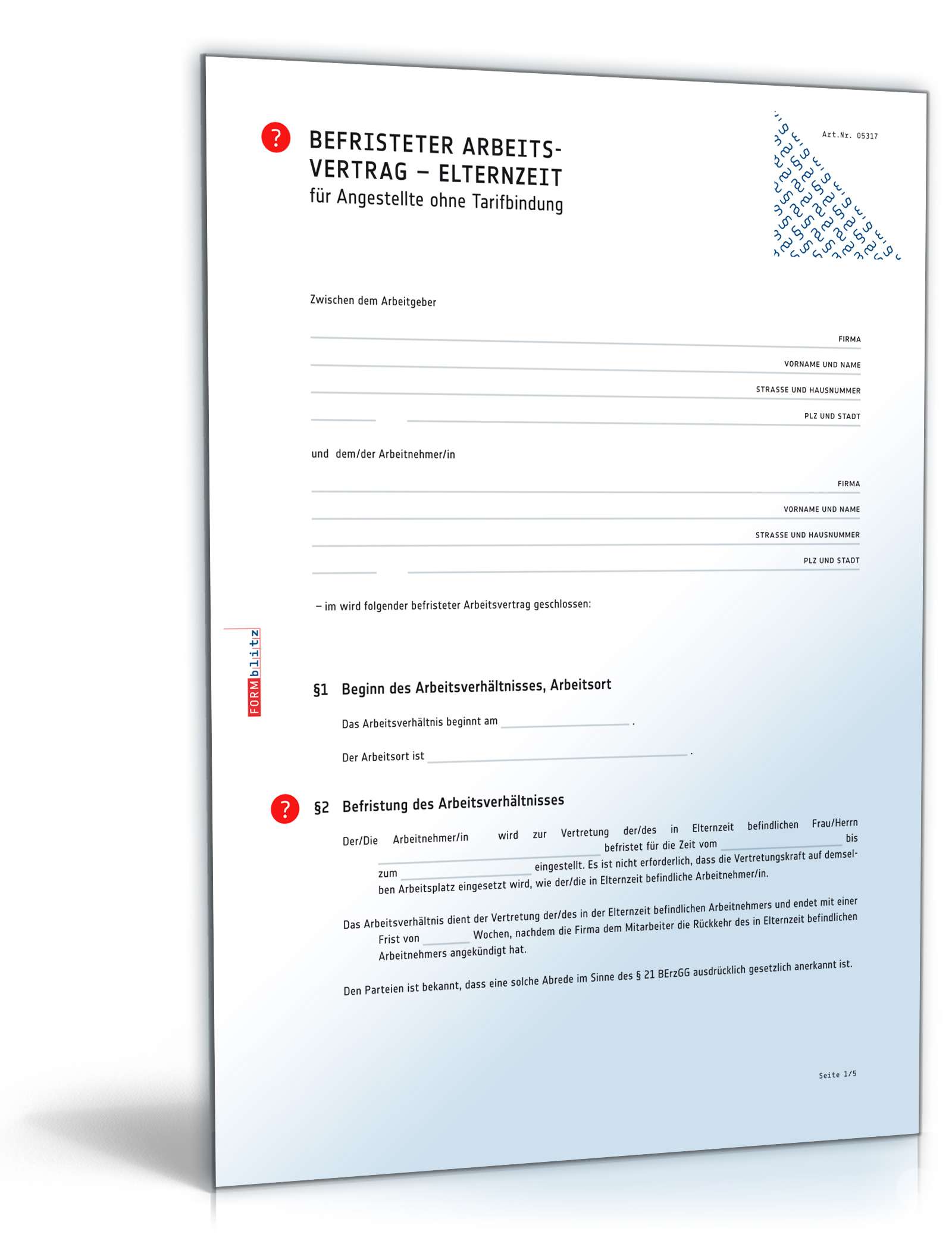 Befristeter Arbeitsvertrag Elternzeit ohne Tarif Word