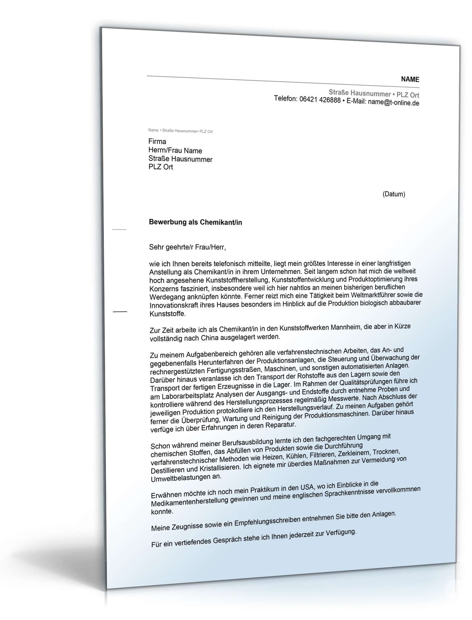 Anschreiben Bewerbung Chemikant Excel