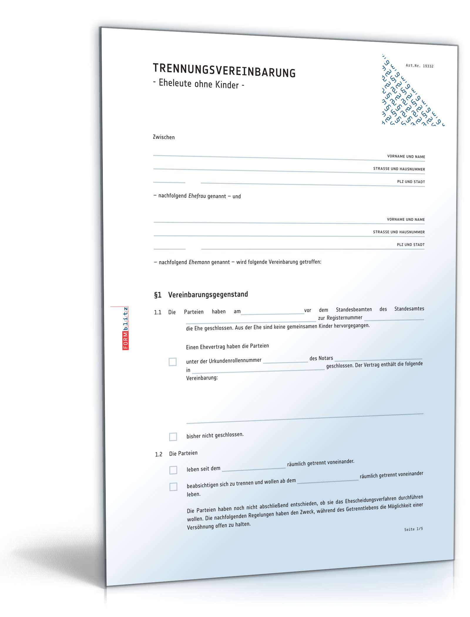 Trennungsvereinbarung Eheleute ohne Kinder PDF