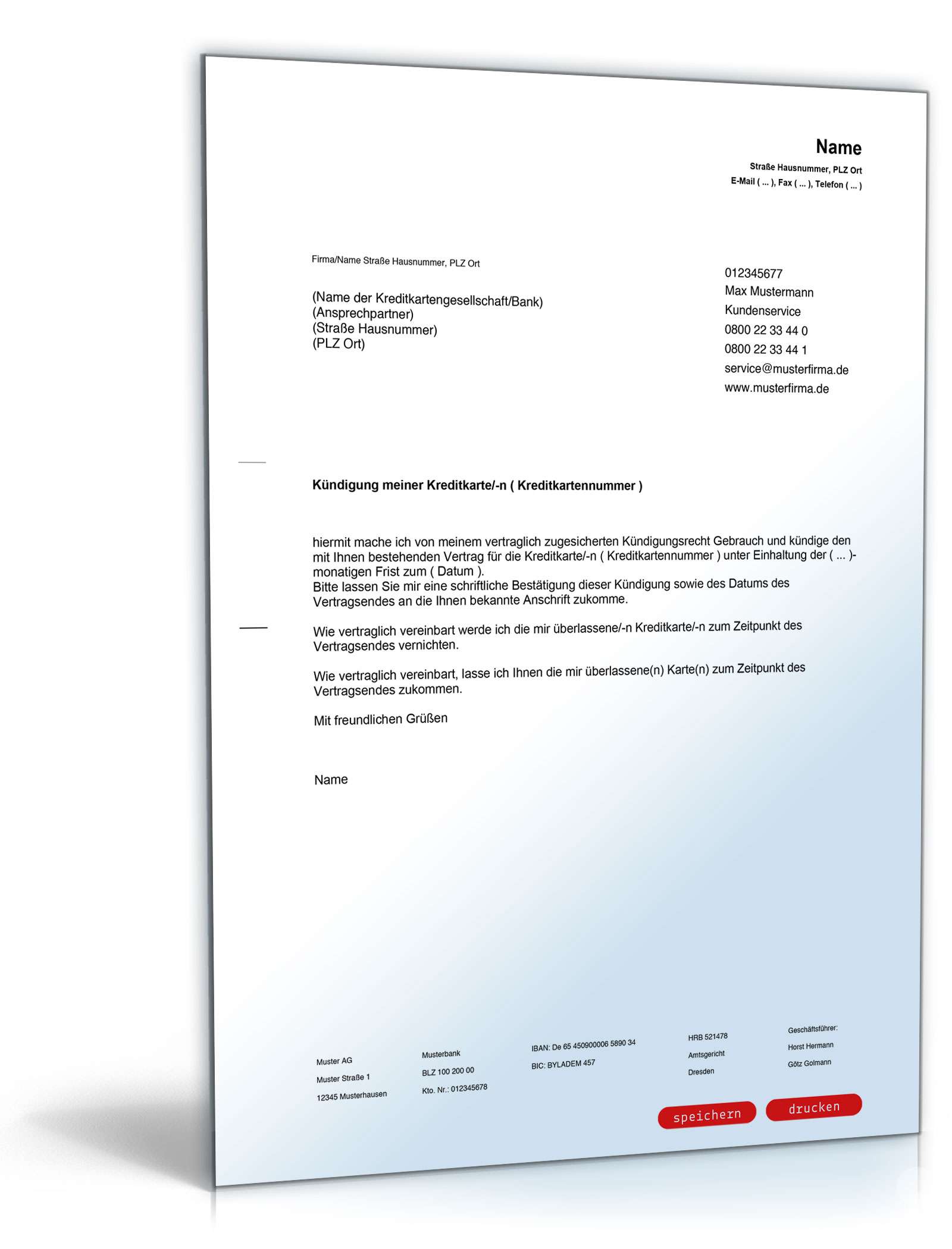 Kündigung Kreditkarte Excel