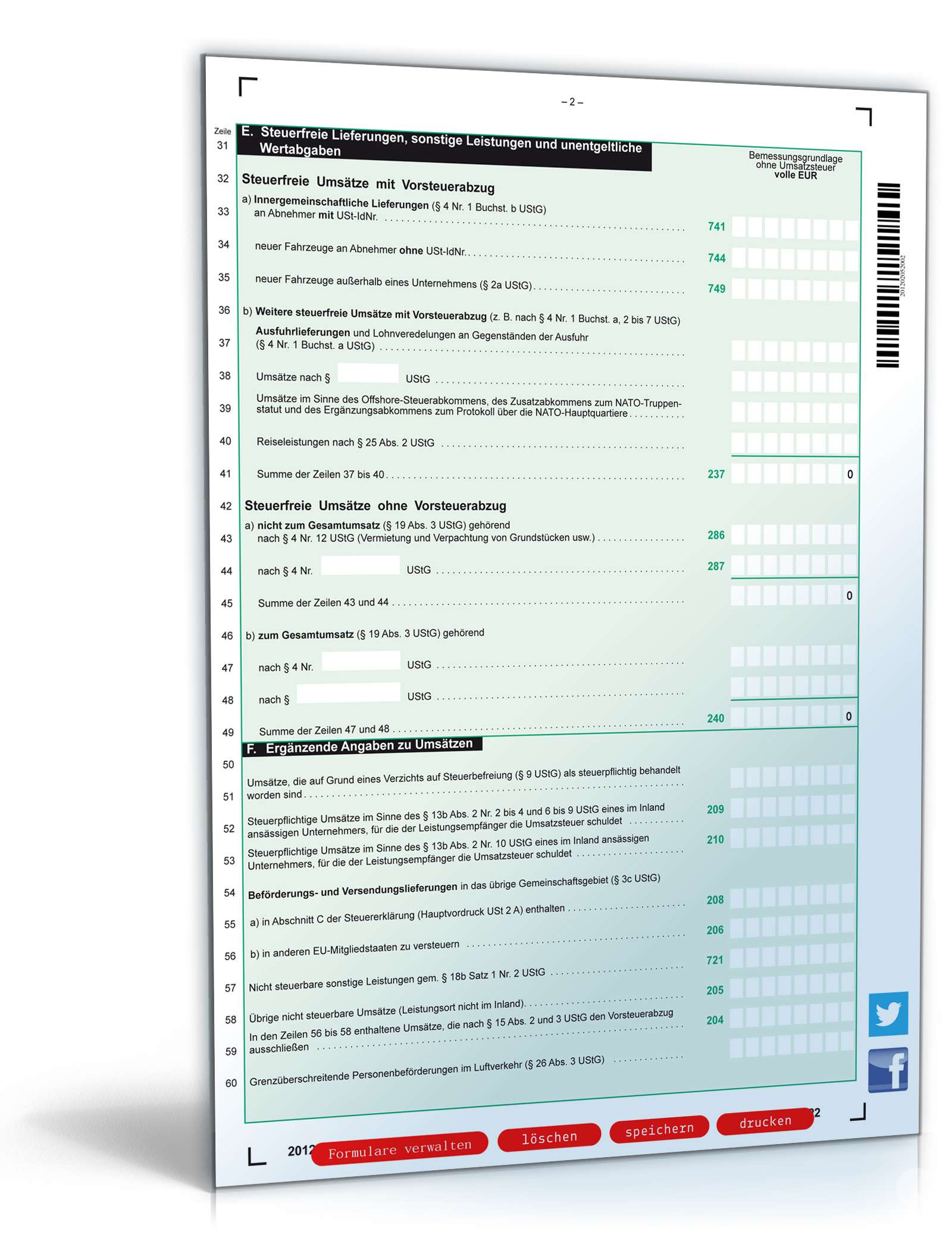 Anlage UR zur Umsatzsteuererklärung 2012 PDF. Seite: 2