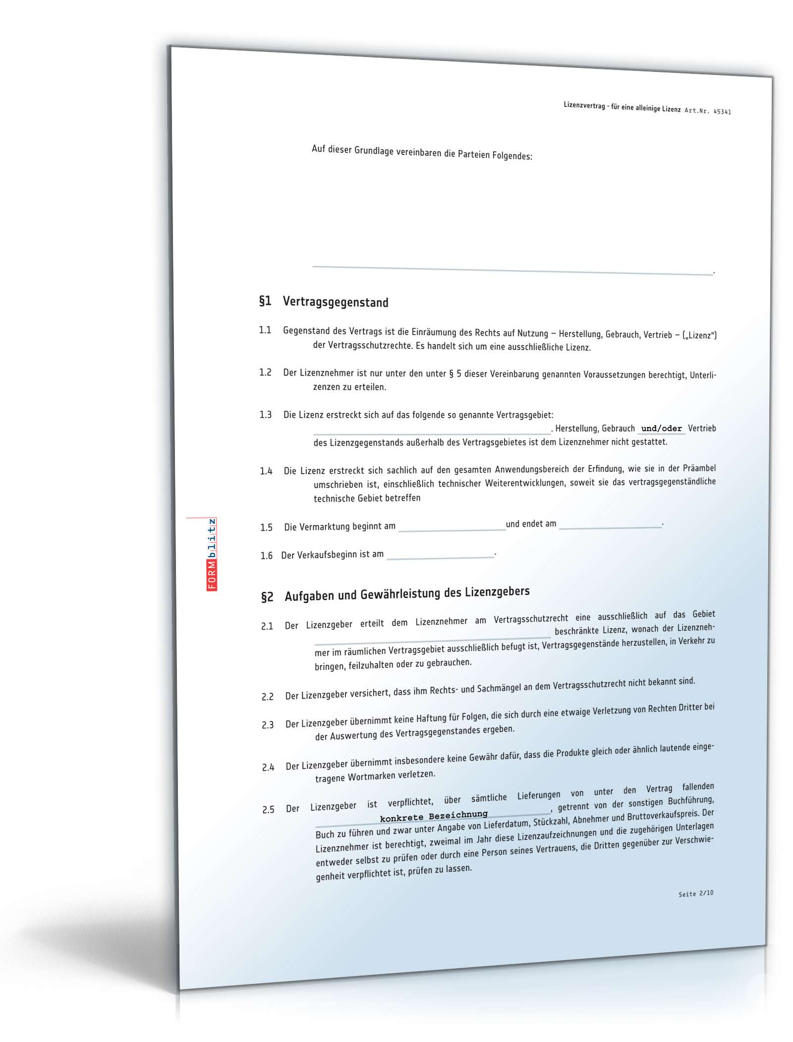 Lizenzvertrag alleinige Lizenz PDF. Seite: 2