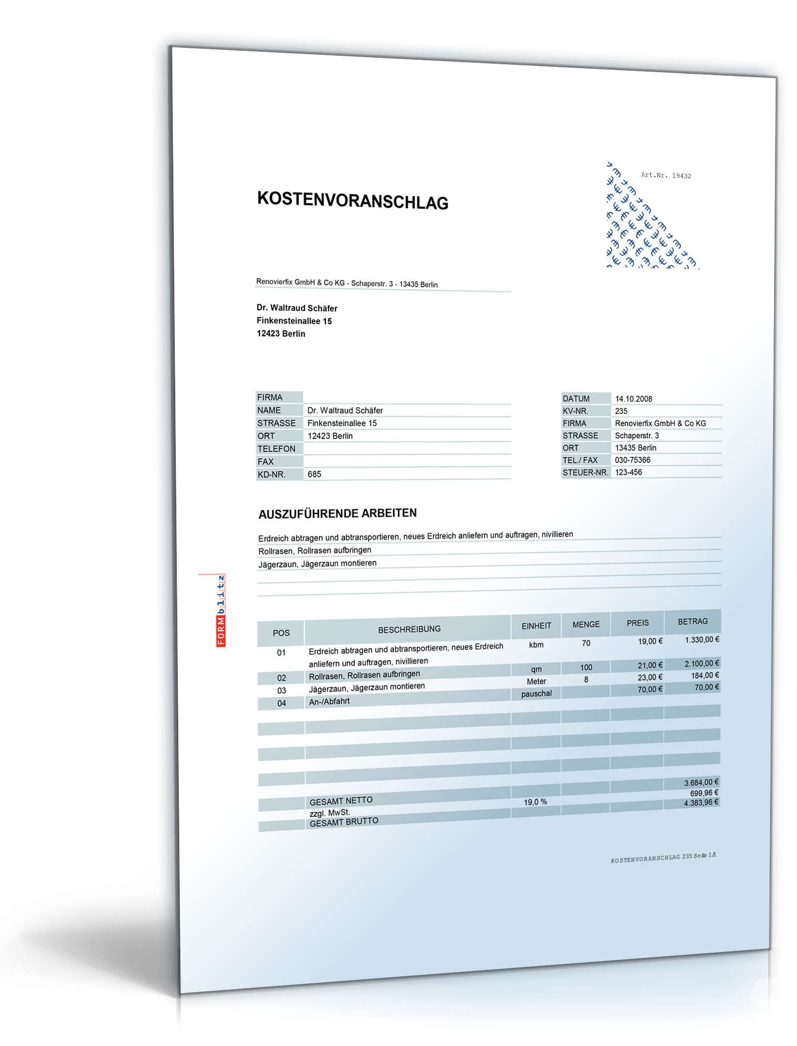 Kostenvoranschlag Garten- und Landschaftsarbeiten Excel. Seite: 2