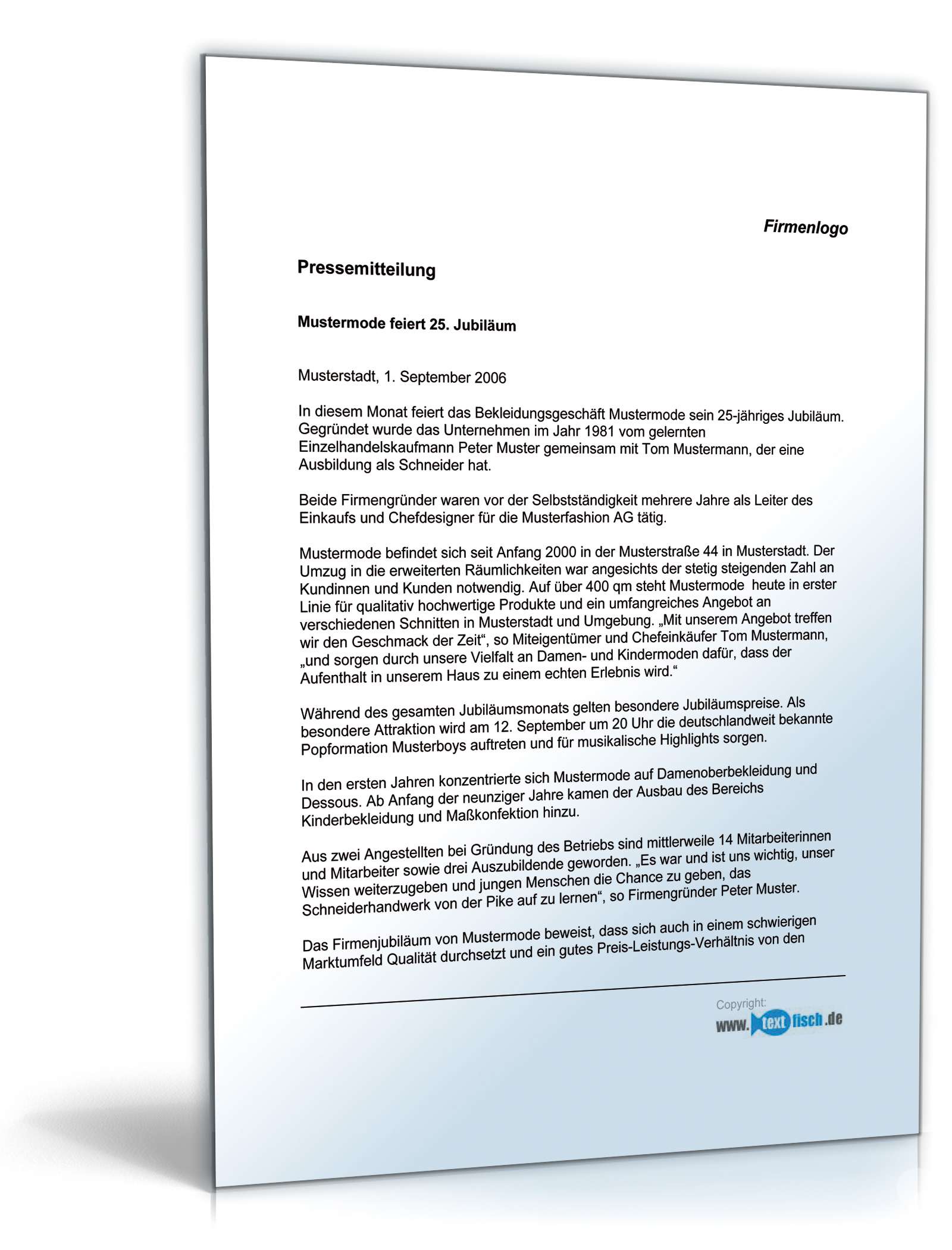 Pressemitteilung Firmenjubiläum Bekleidungsladen