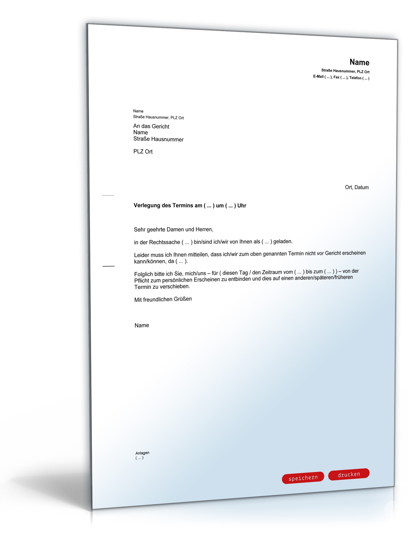 Bitte um Verlegung eines Termins bei einem Gericht PDF