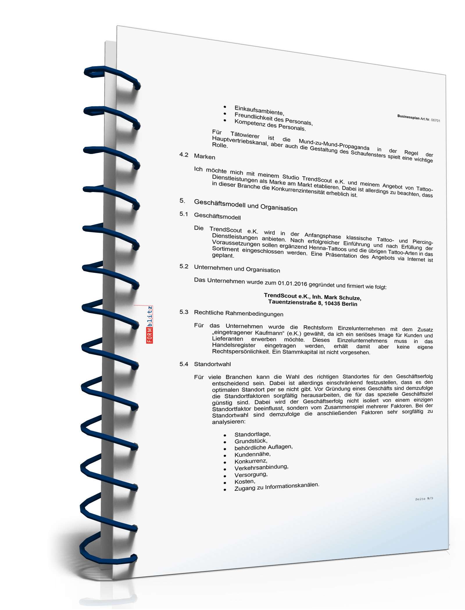 Businessplan Tattoo-Studio Excel. Seite: 8