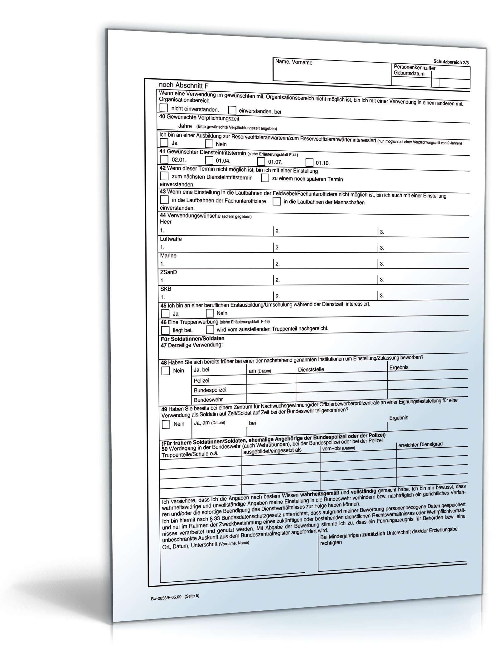 Bewerbungsbogen Freiwilligendienst Bundeswehr (FWD) PDF. Seite: 5