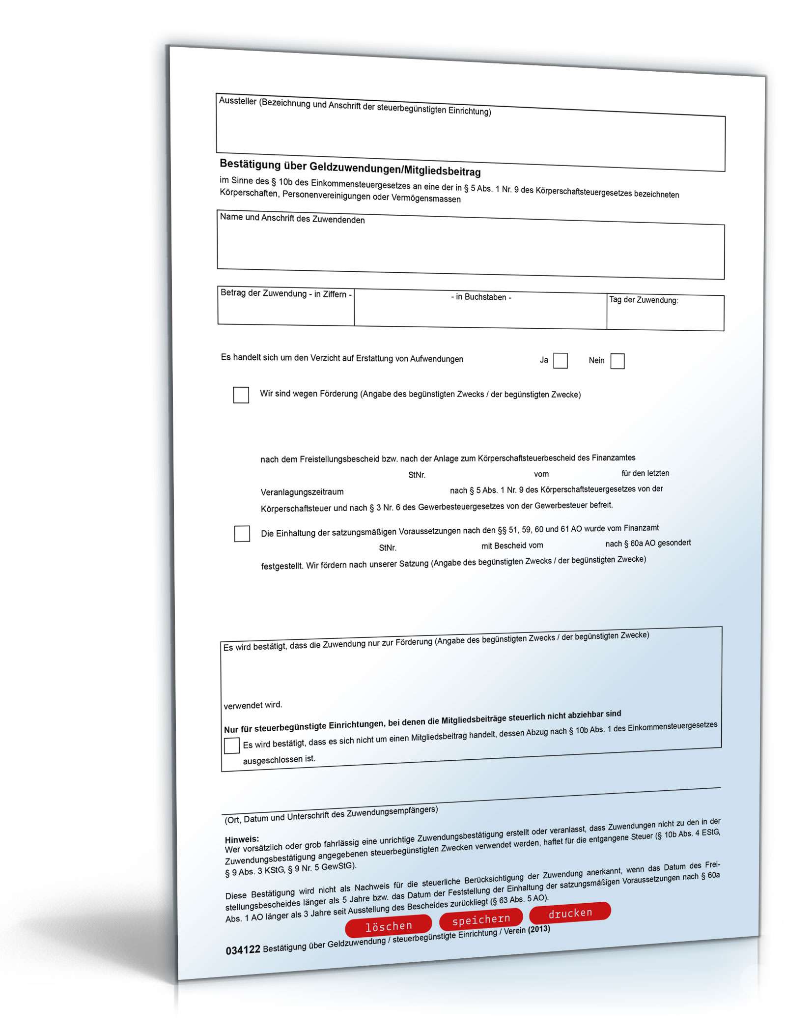 Spendenbescheinigung über Geldzuwendungen/Mitgliedsbeitrag PDF