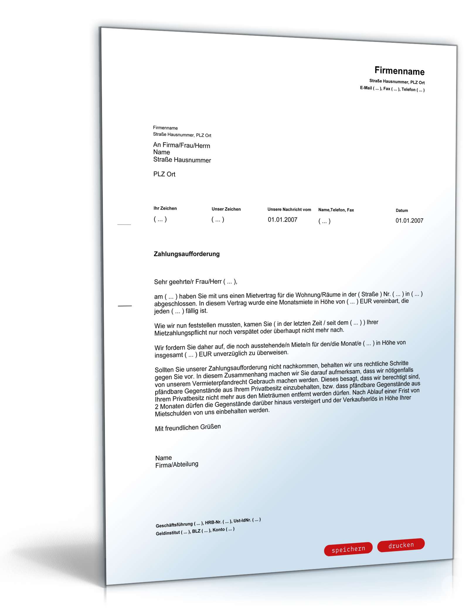 Zahlungsaufforderung mit Verweis auf Vermieter-Pfandrecht PDF