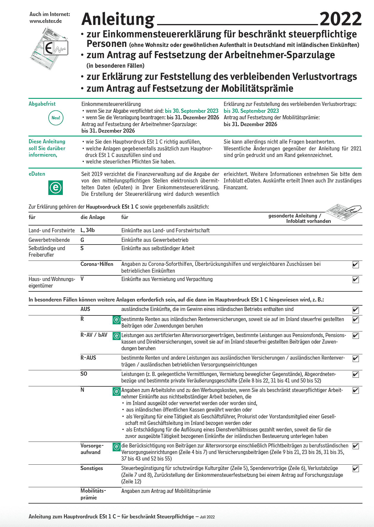 Anleitungen zur Einkommensteuererklärung 2022  PDF