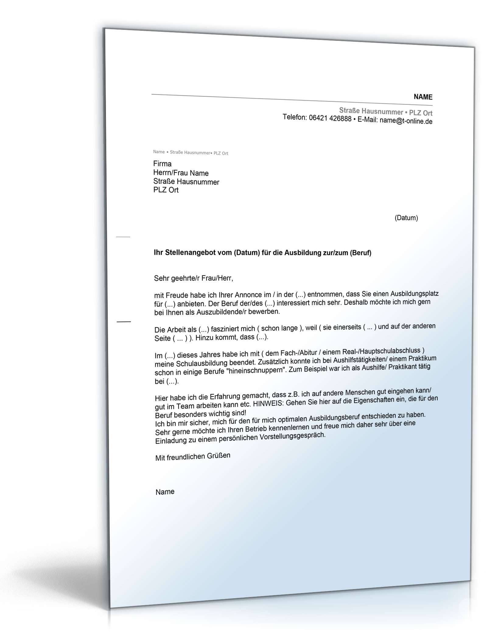 Anschreiben Bewerbung Ausbildungsplatz Excel