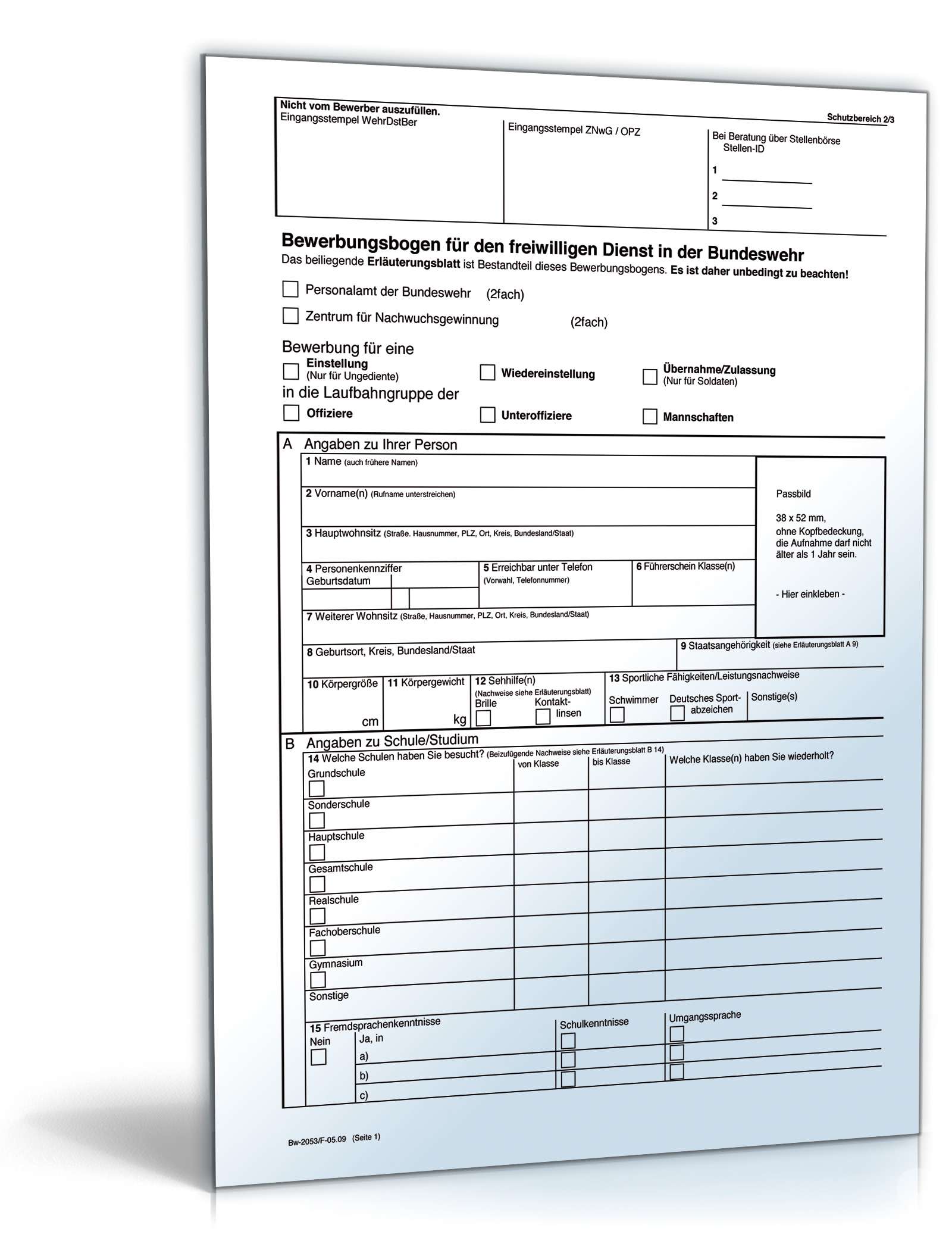 Bewerbungsbogen Freiwilligendienst Bundeswehr (FWD) PDF