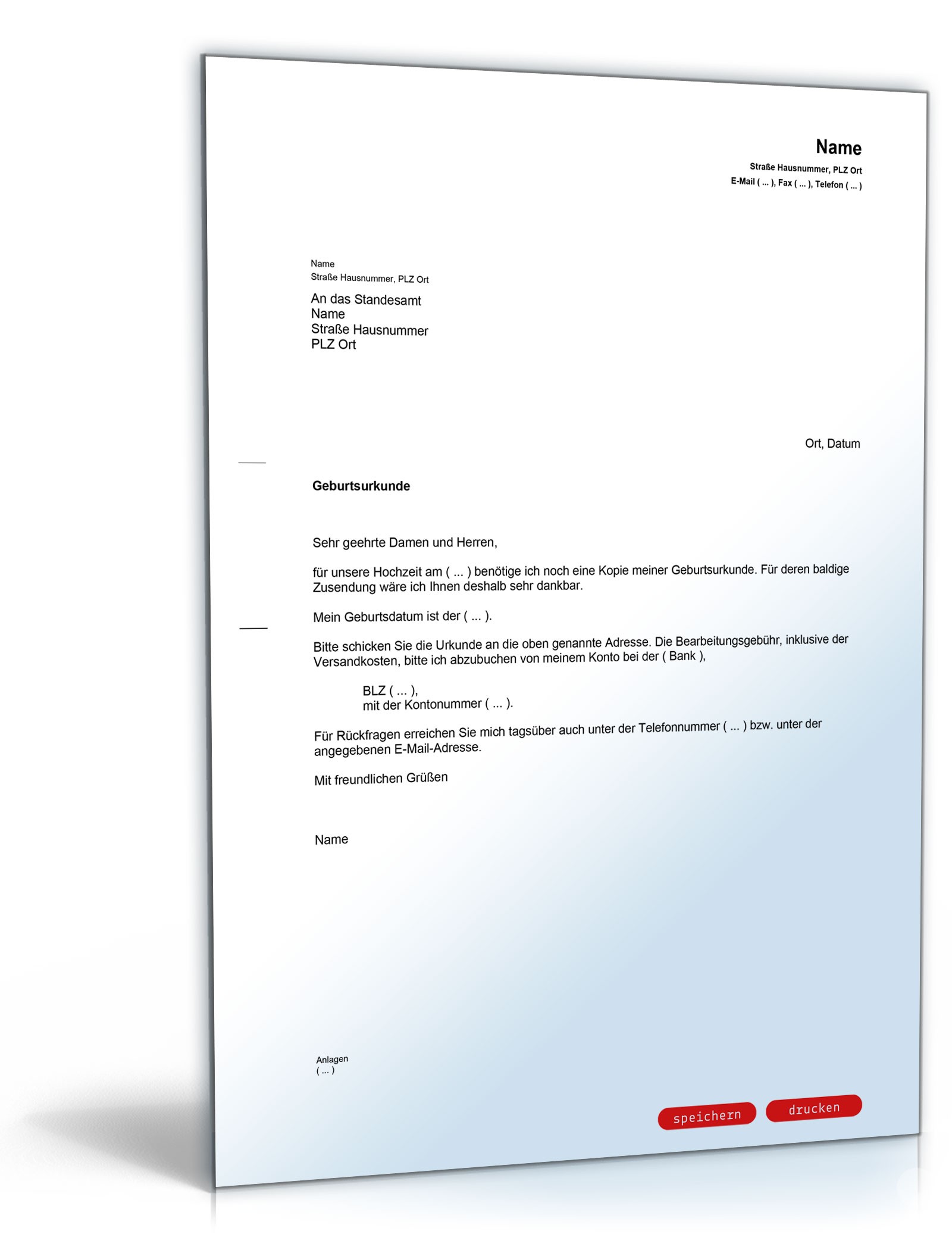 Bitte um Zusendung einer Abschrift der Geburtsurkunde (zum Zwecke der Eheschließung) PDF