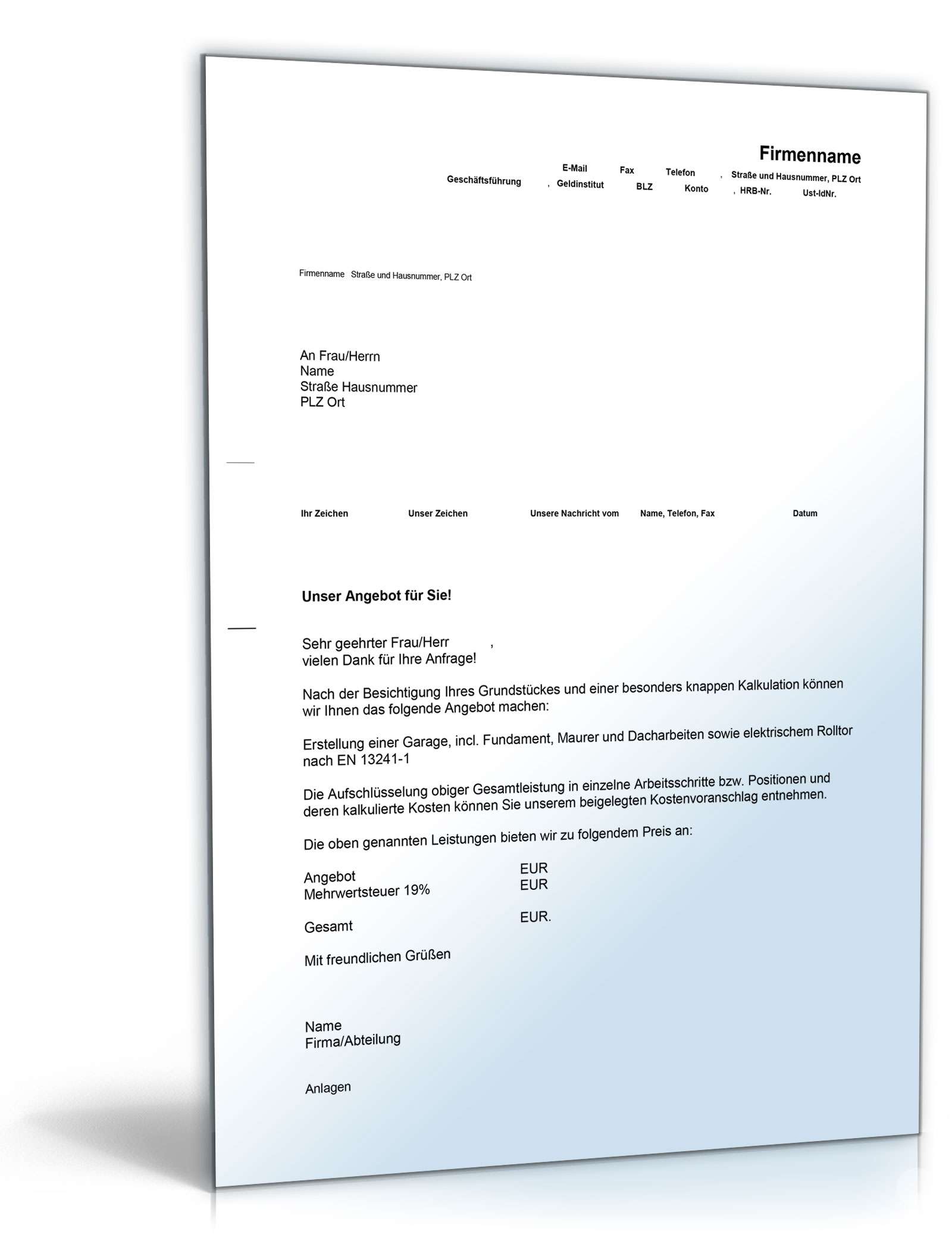 Kostenvoranschlag Garagen- und Hausanbau Excel. Seite: 2