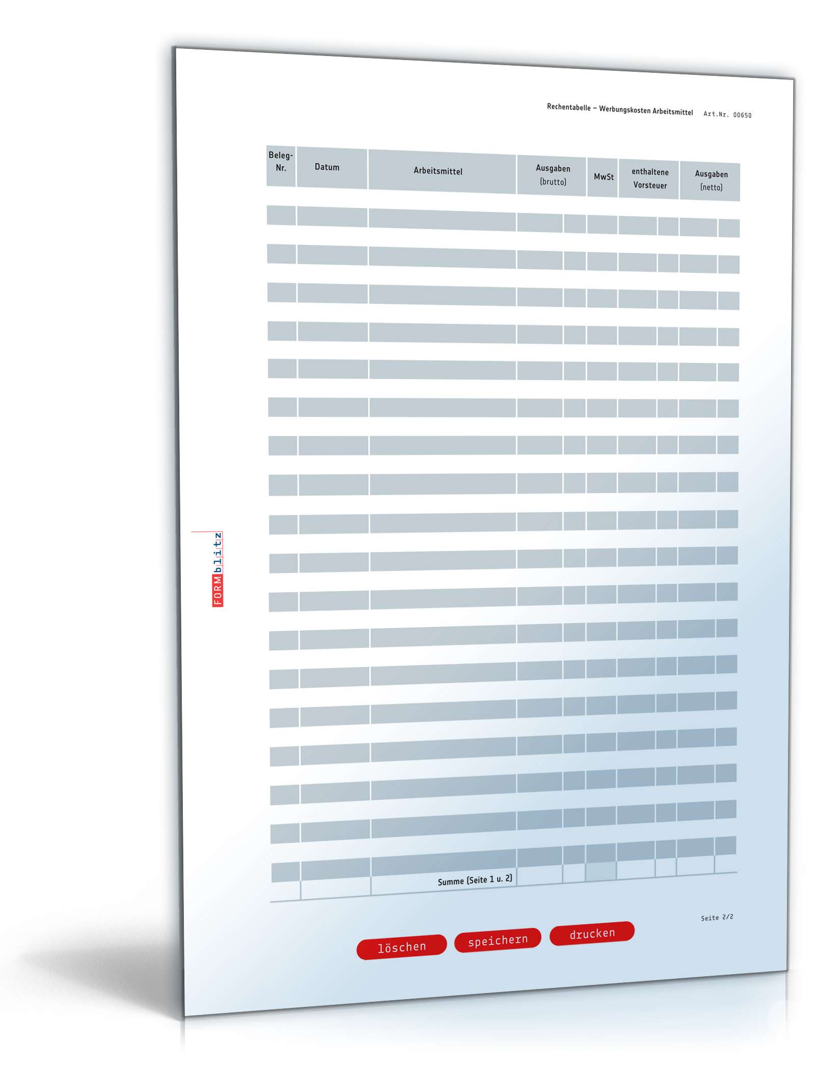 Rechentabelle Werbungskosten mit Mehrwertsteuer PDF. Seite: 2