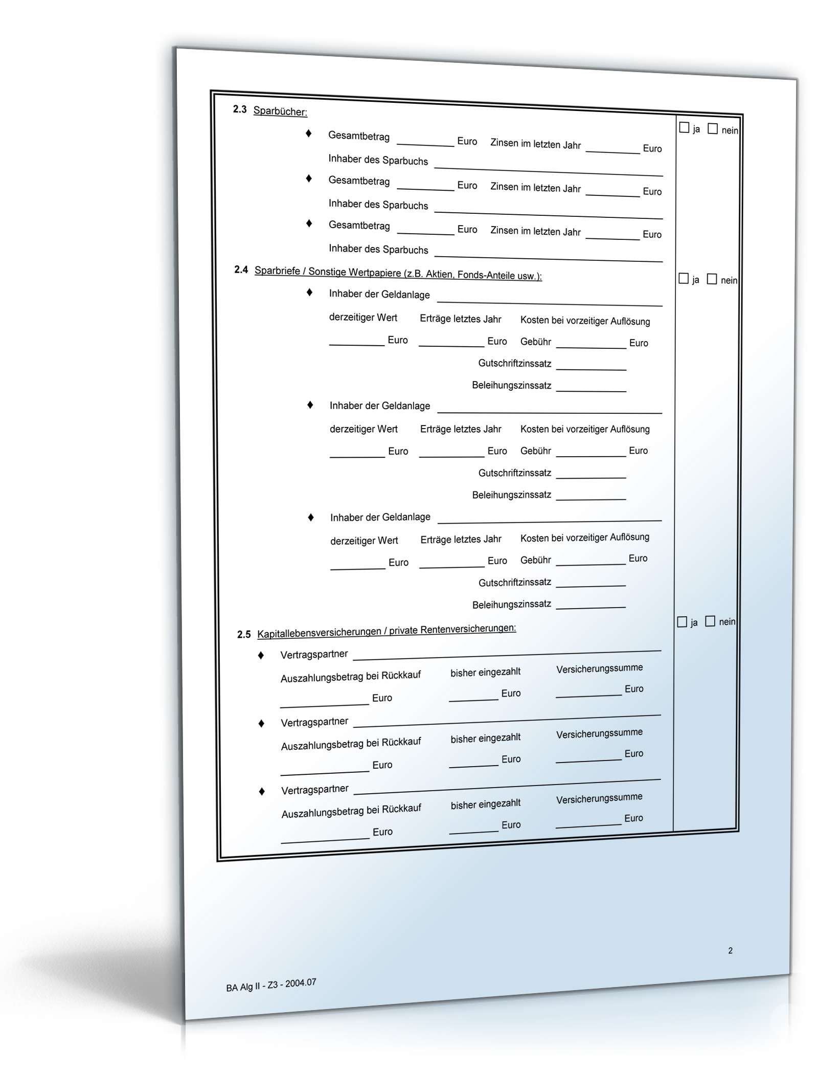 Angaben zur Feststellung der Vermögensverhältnisse für Antrag auf Bürgergeld PDF