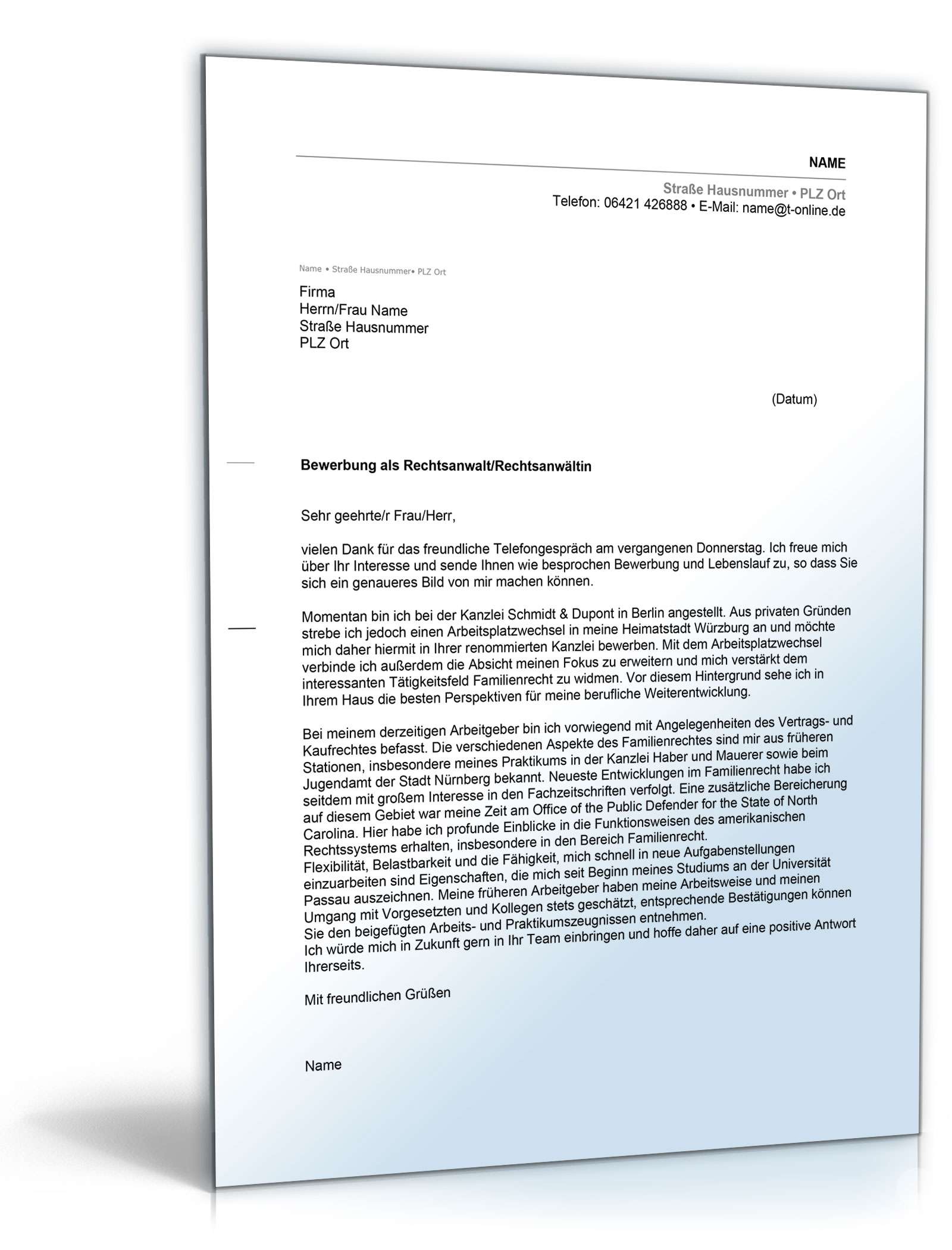 Anschreiben Bewerbung Rechtsanwalt Excel