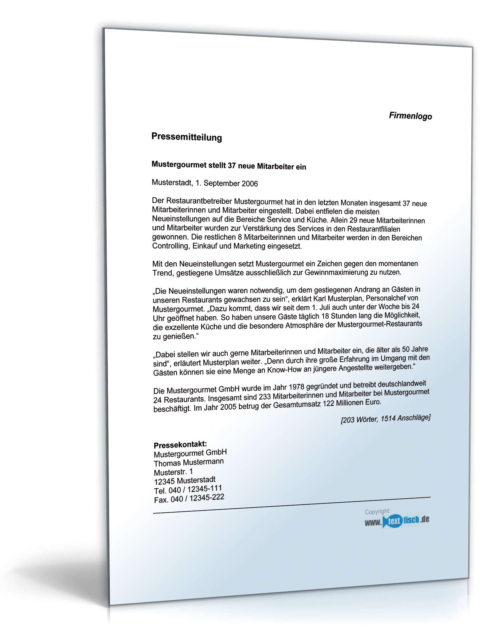 Pressemitteilung über Einstellung neuer Mitarbeiter in einem Restaurant PDF