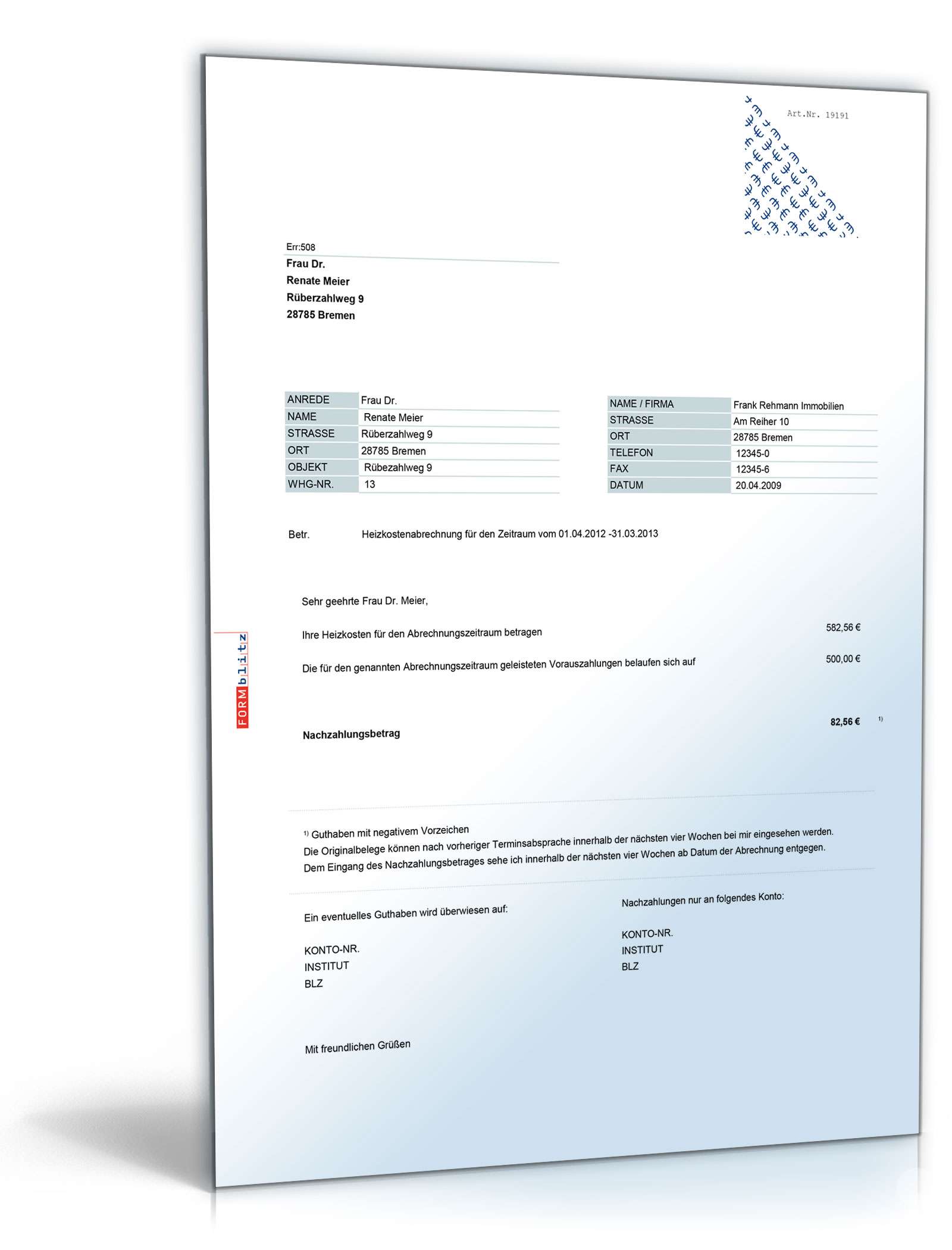Heizkostenabrechnung Excel. Seite: 2