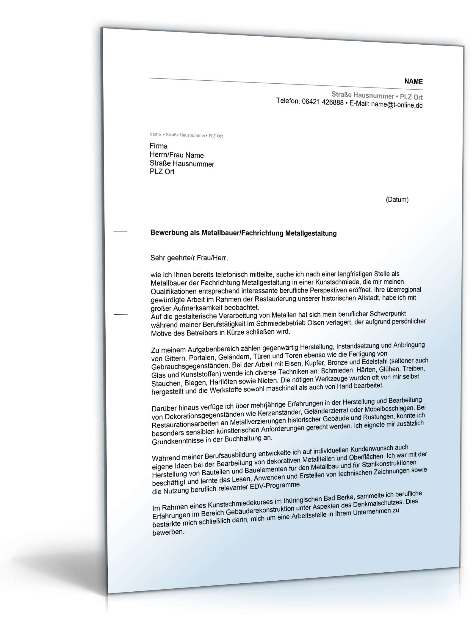 Anschreiben Bewerbung Metallbauer Excel