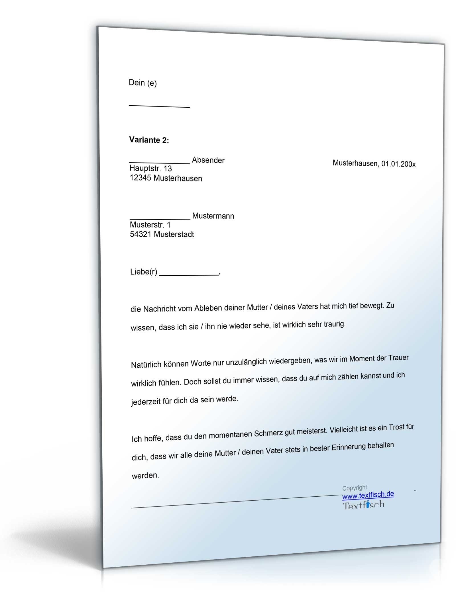 Kondolenzschreiben Tod eines Elternteils im Familien- oder Freundeskreis Word. Seite: 3