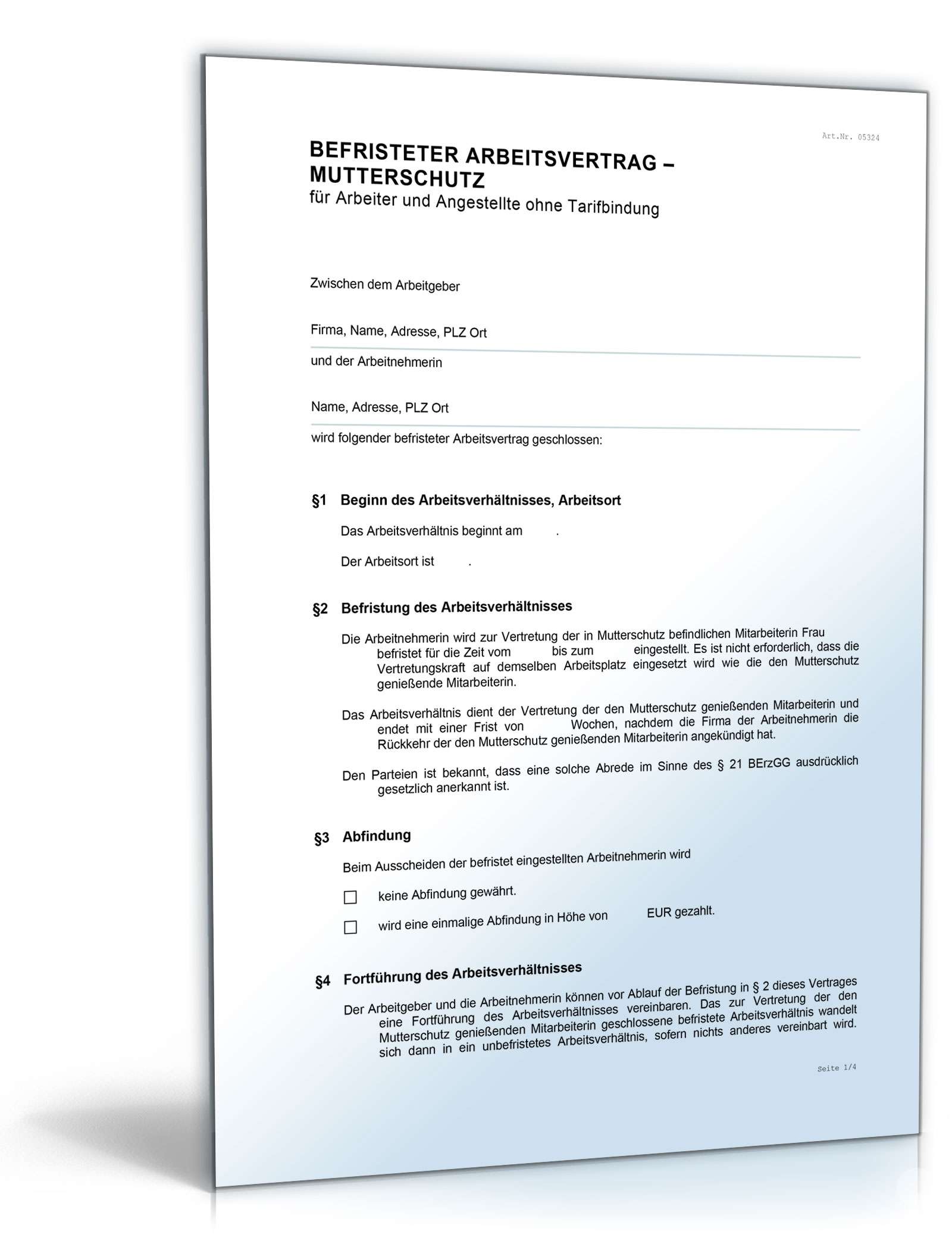 Befristeter Arbeitsvertrag Mutterschutz ohne Tarifbindung Word