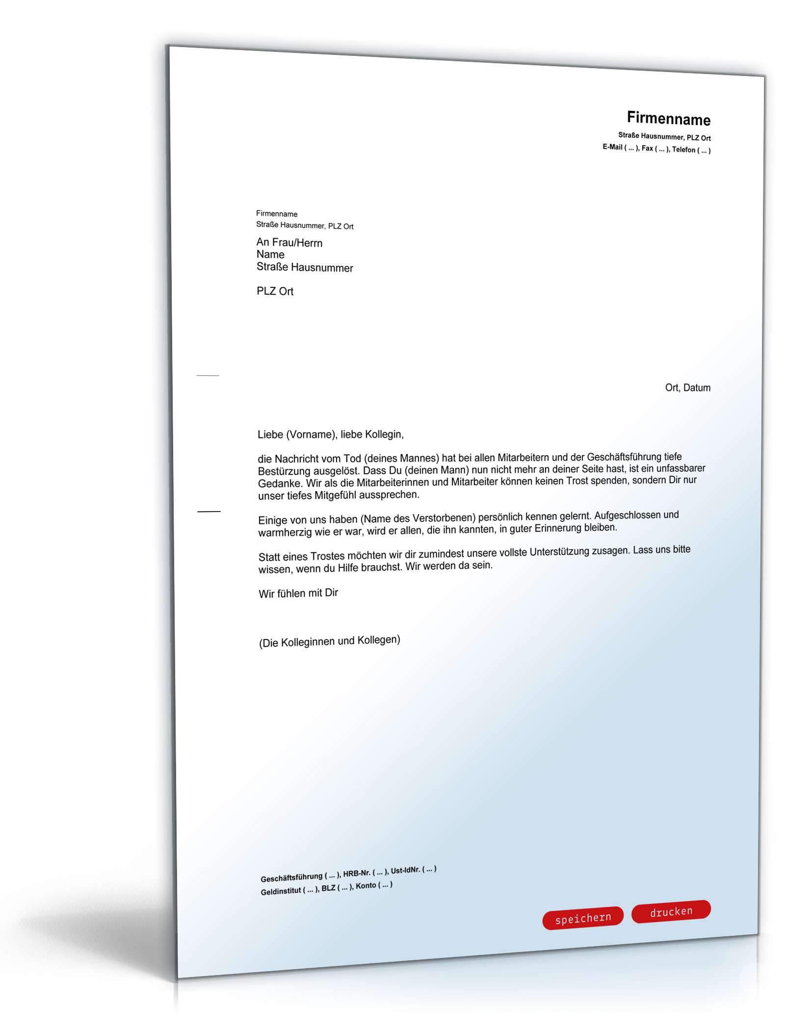 Kondolenzschreiben an befreundeten Arbeitskollegen PDF