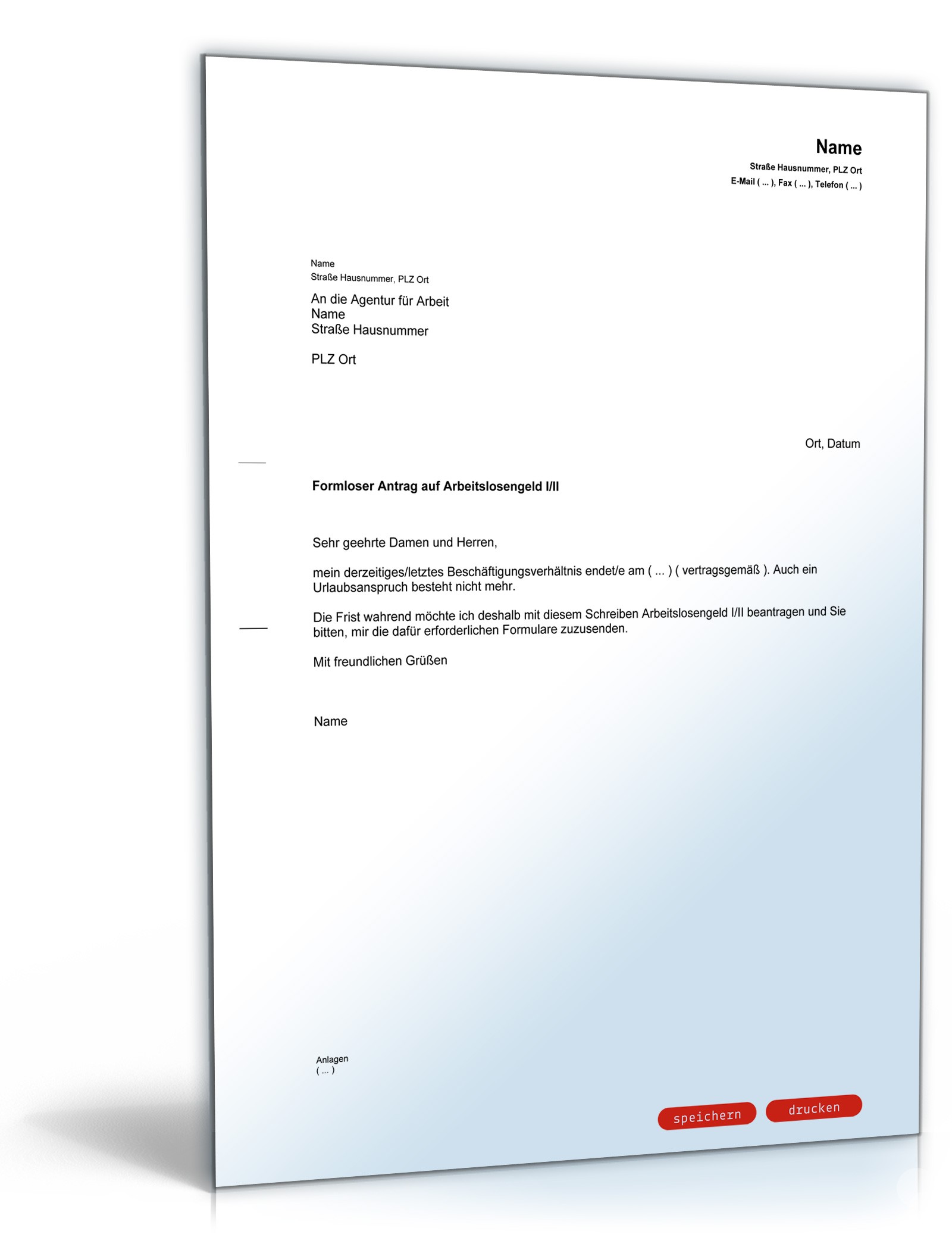 Anfrage wegen Zusendung eines Antrages auf ALG I PDF