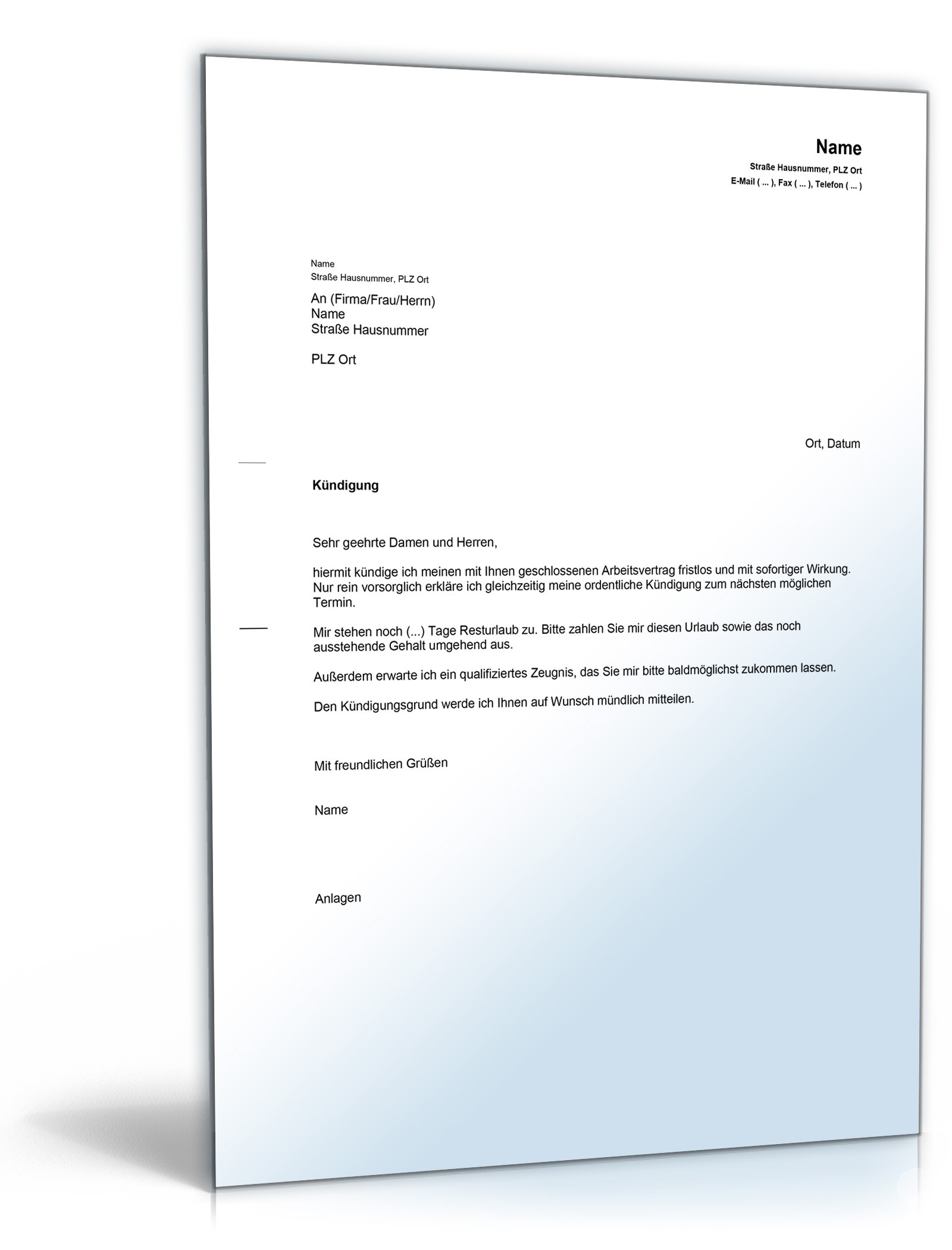 Fristlose Kündigung Arbeitsvertrag durch Arbeitnehmer Russisch/Deutsch PDF