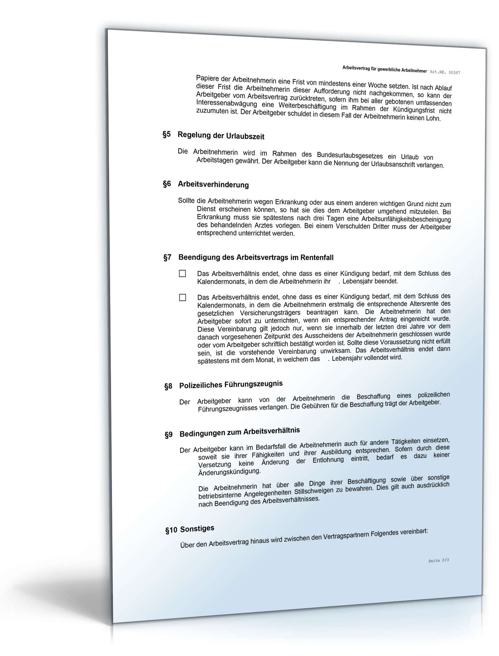 Arbeitsvertrag gewerbliche Arbeitnehmer Word. Seite: 2