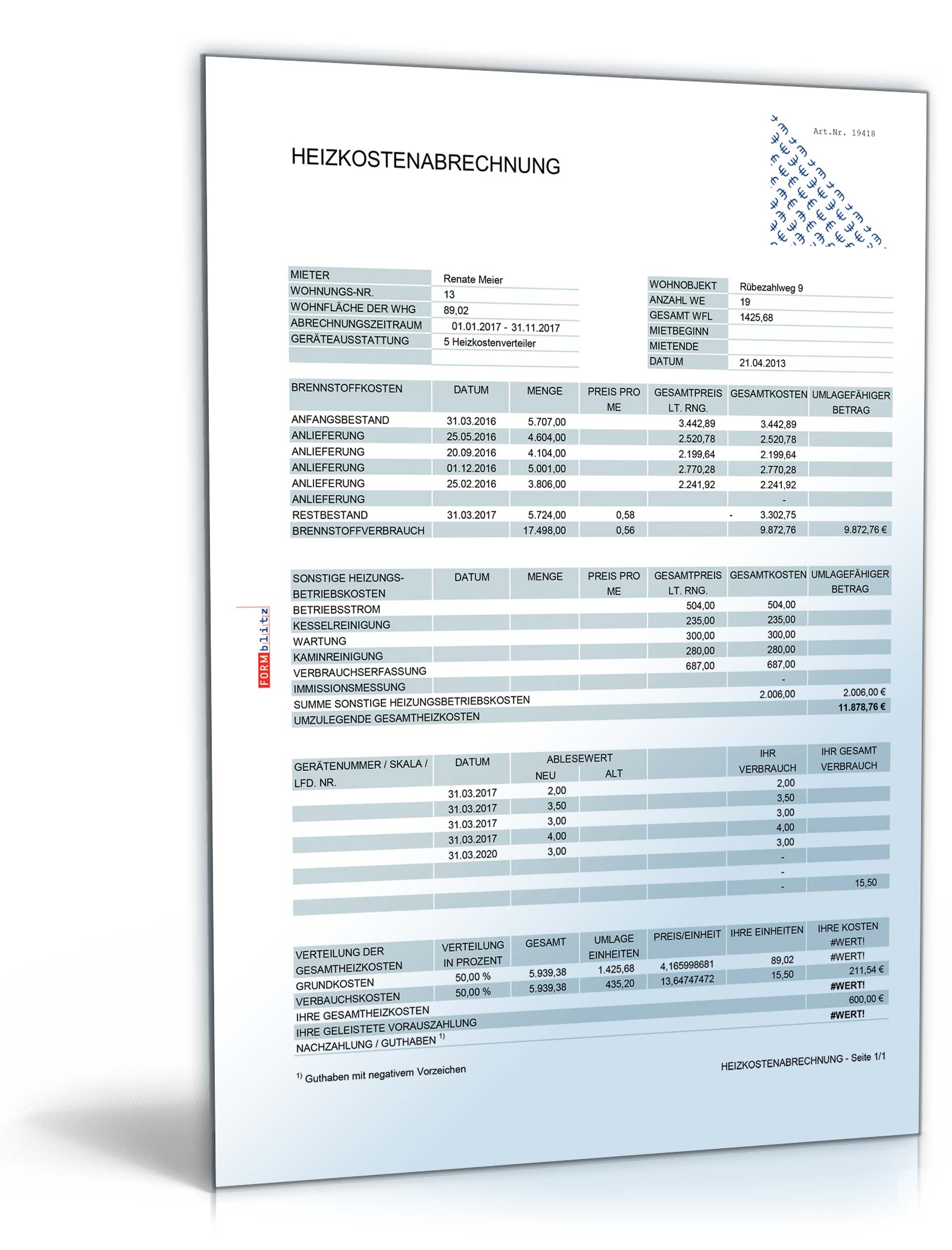 Betriebs- und Heizkostenabrechnung Excel. Seite: 3