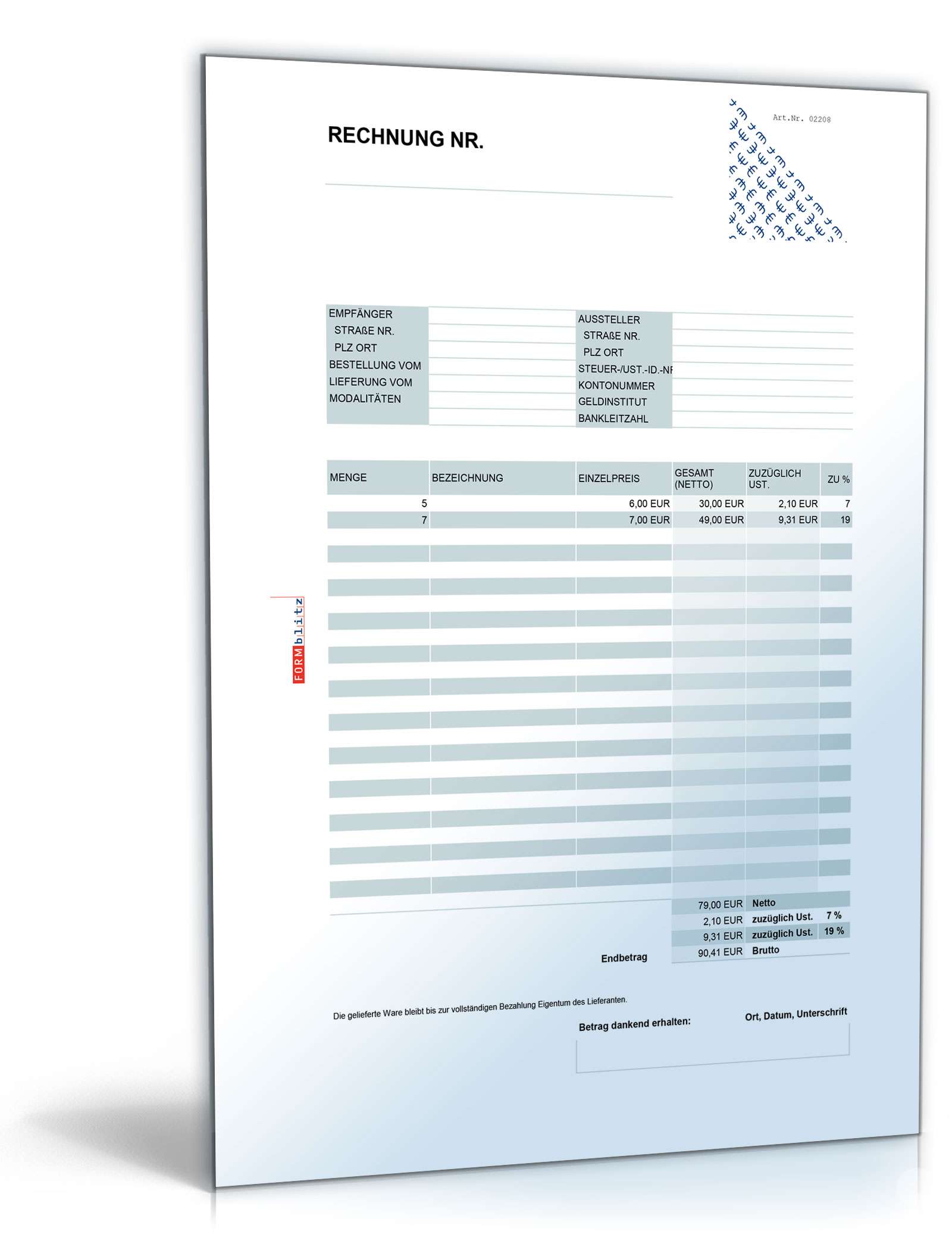 Rechnung netto mit variabler Umsatzsteuer Excel