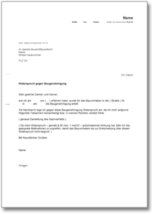 Widerspruch beim Bauamt gegen eine Baugenehmigung Word