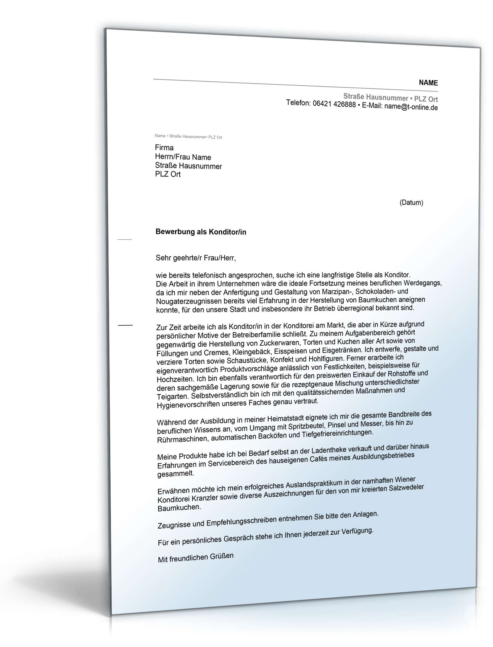 Anschreiben Bewerbung Konditor Excel