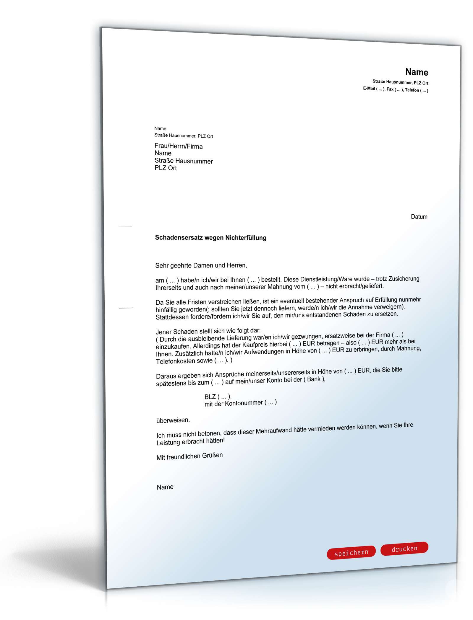 Schadensersatzforderung wegen Nichterfüllung einer Dienstleistung PDF