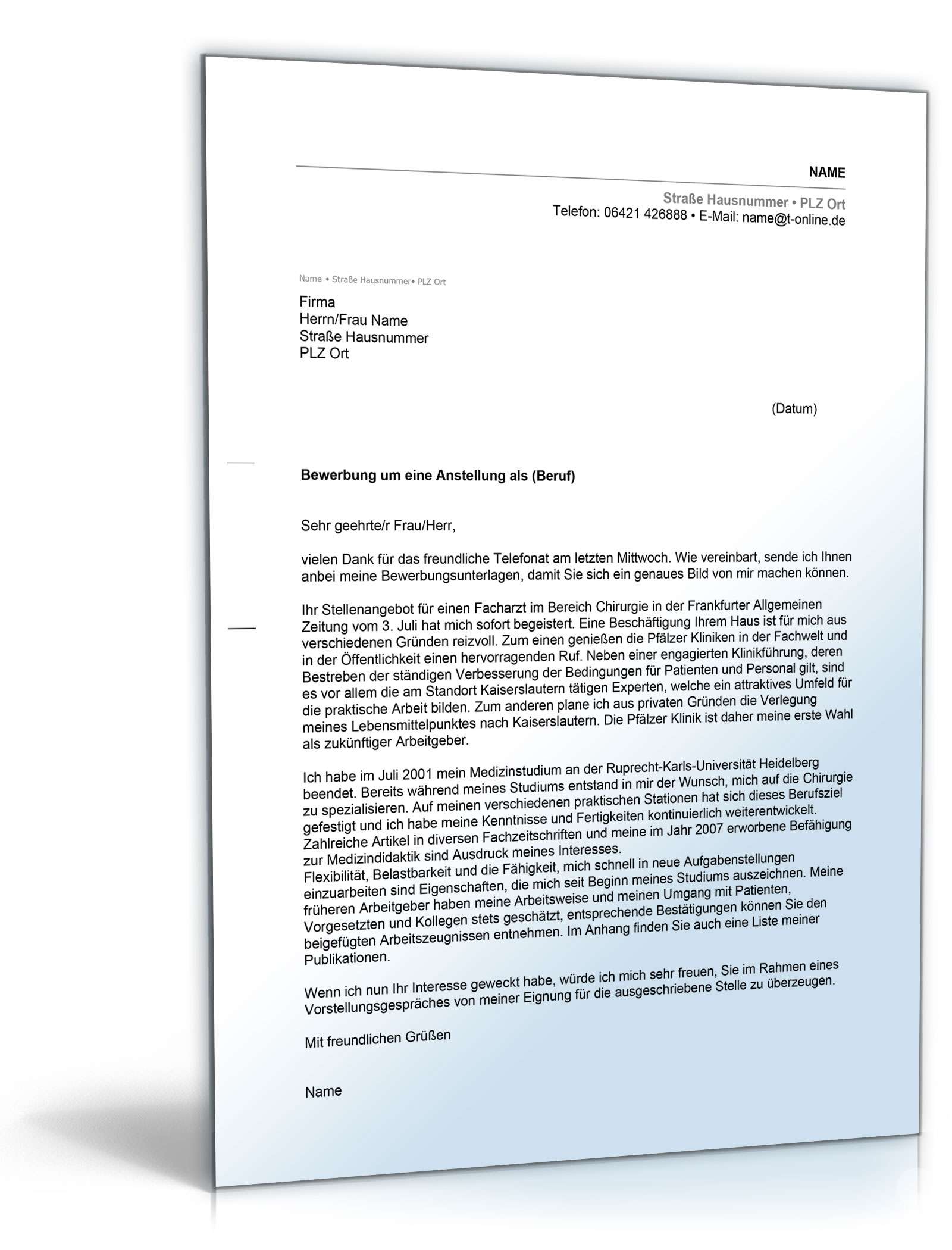 Anschreiben Bewerbung Arzt Excel