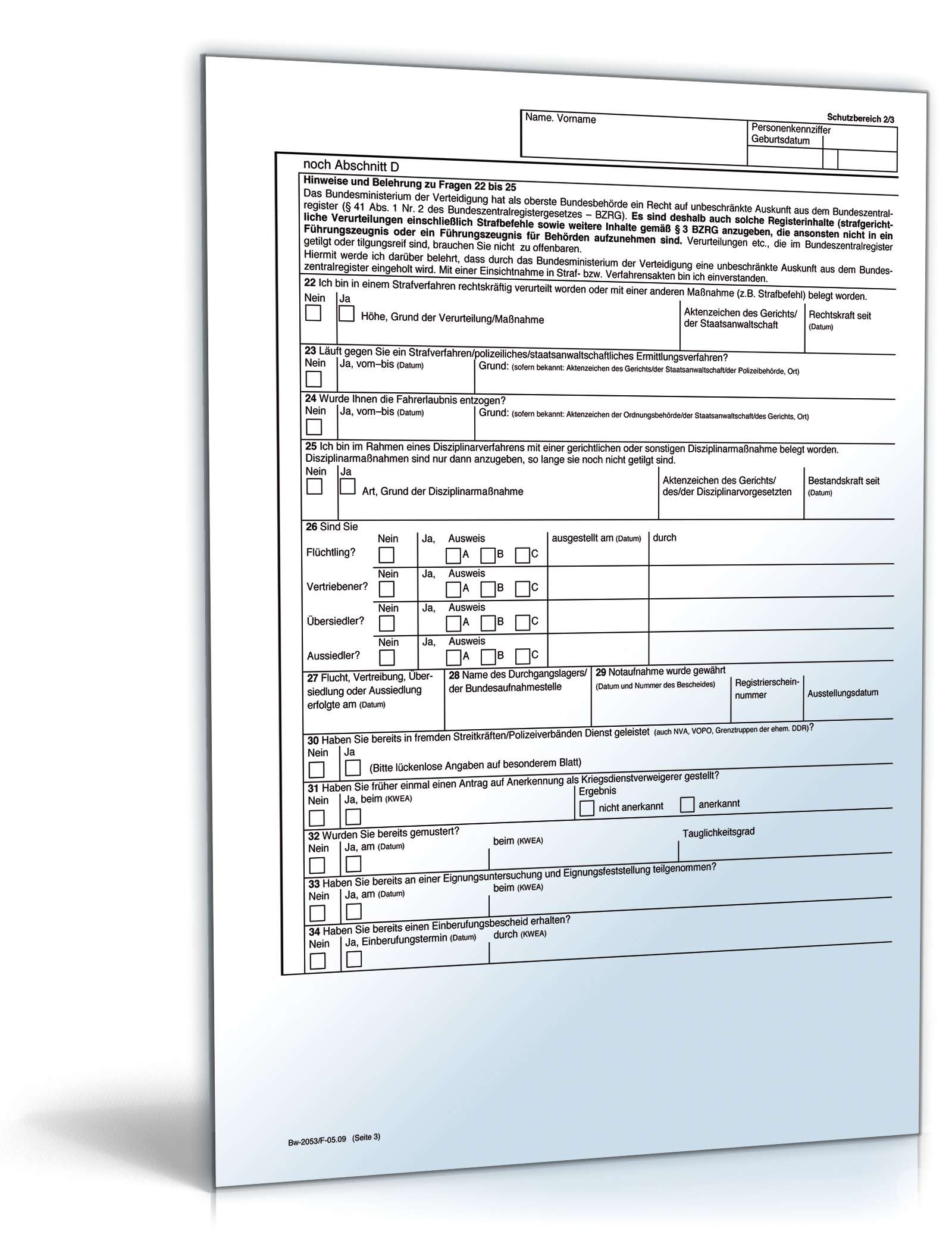 Bewerbungsbogen Freiwilligendienst Bundeswehr (FWD) PDF. Seite: 3