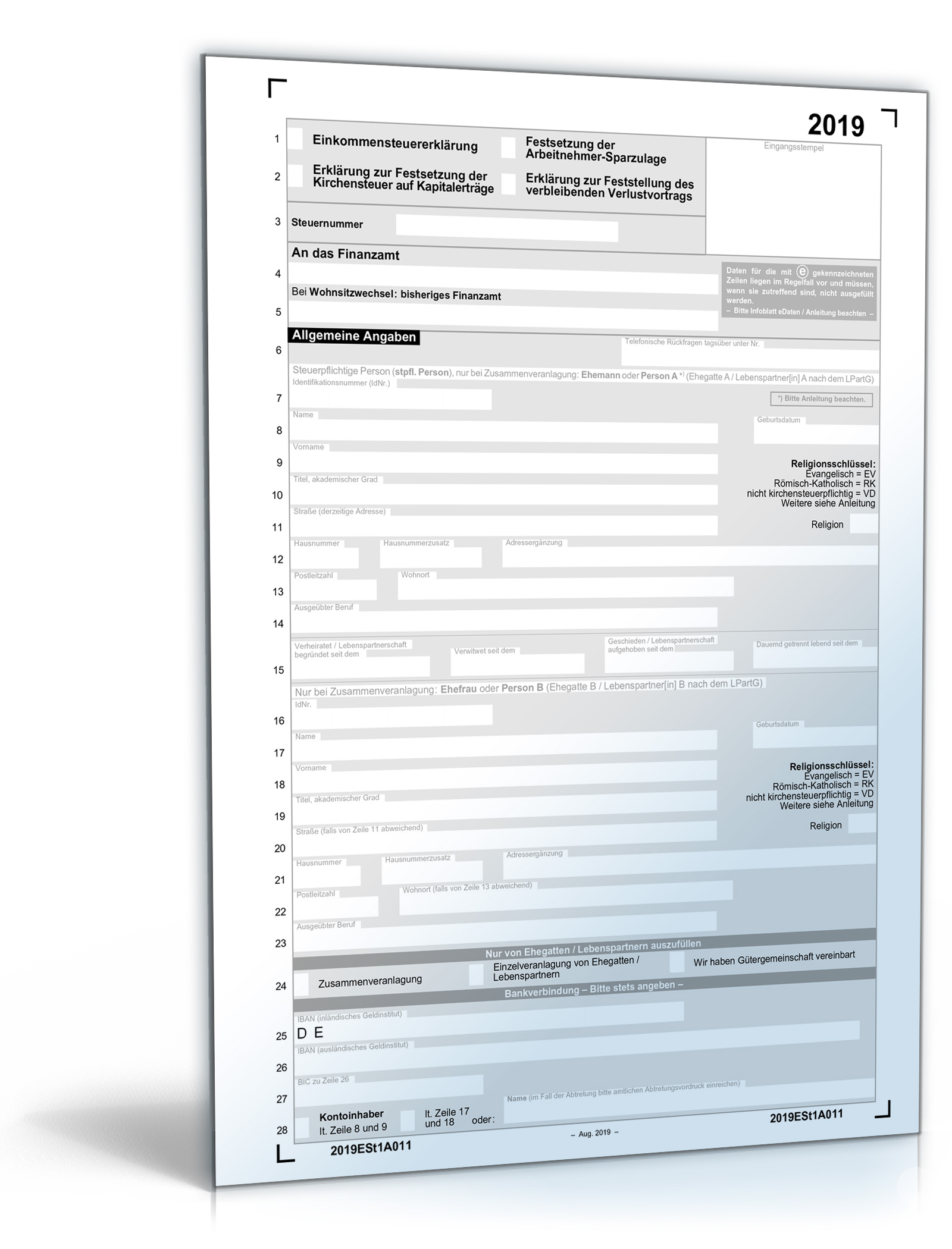 Mantelbogen Einkommensteuererklärung 2019 PDF