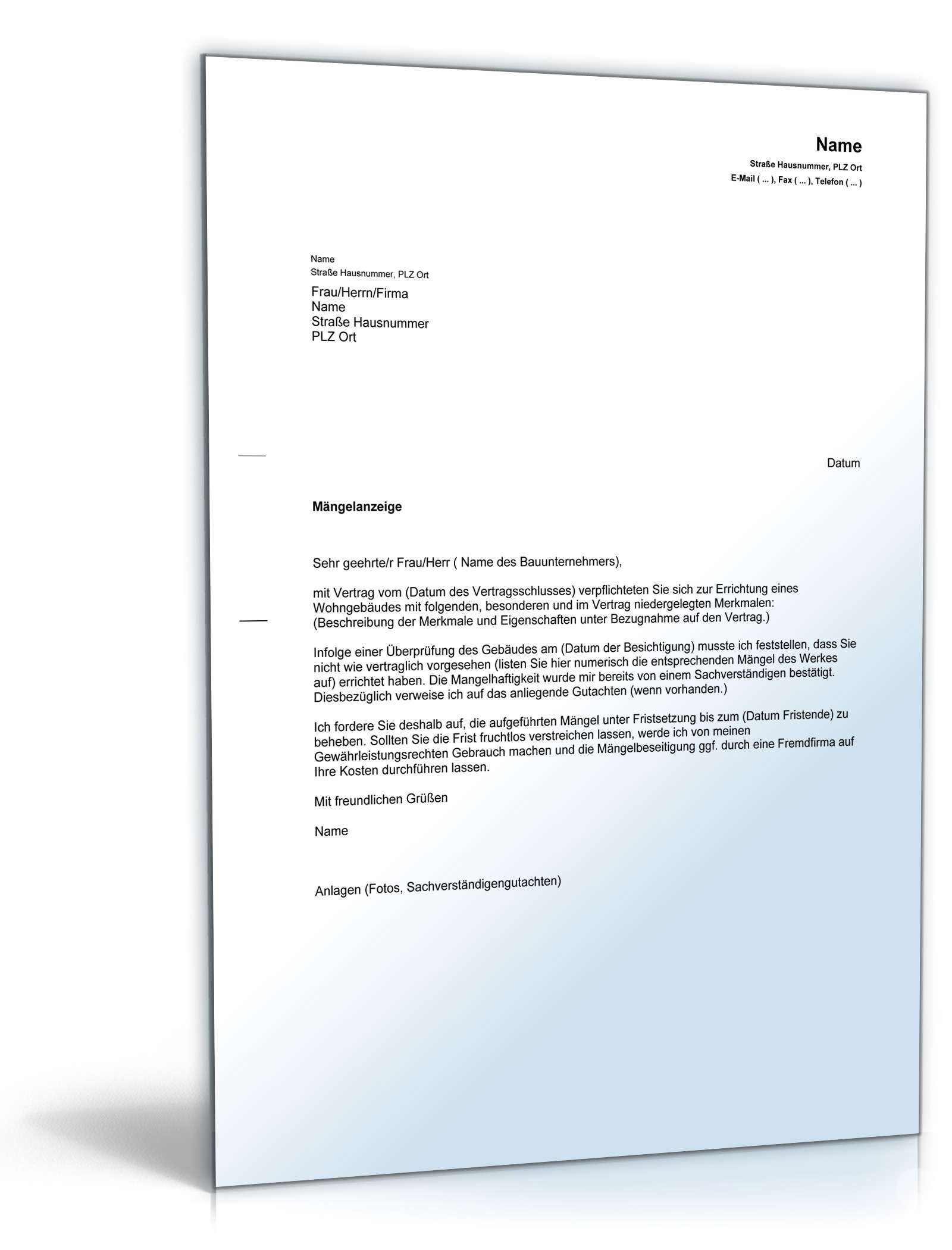 Mängelanzeige gegenüber Bauunternehmer PDF