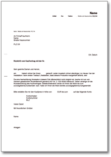 Rücktritt vom Kaufvertrag wegen Unmöglichkeit des Umtausches Word