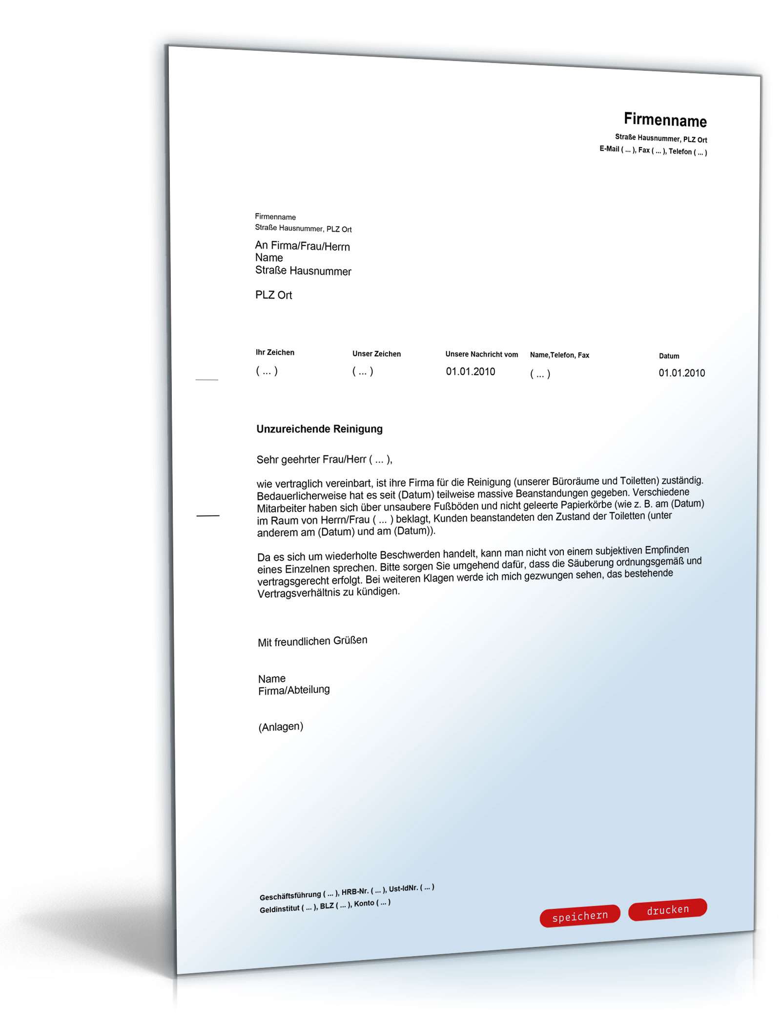 Beanstandung an eine Reinigungsfirma PDF